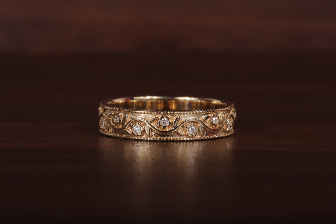 Vintage Floral Moissanite Wedding Band, 4MM Milgrain Gold Ring