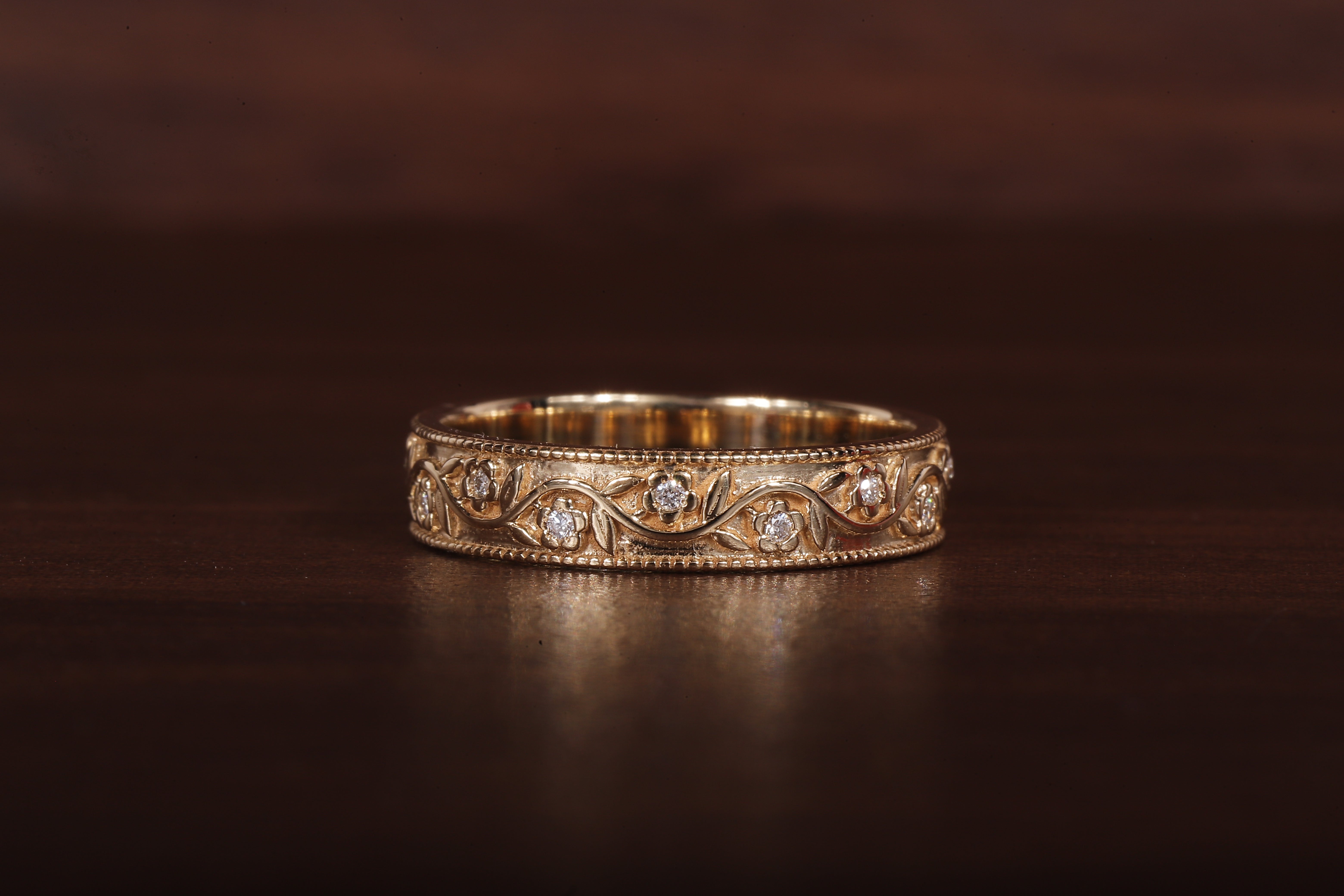 Vintage Floral Moissanite Wedding Band, 4MM Milgrain Gold Ring