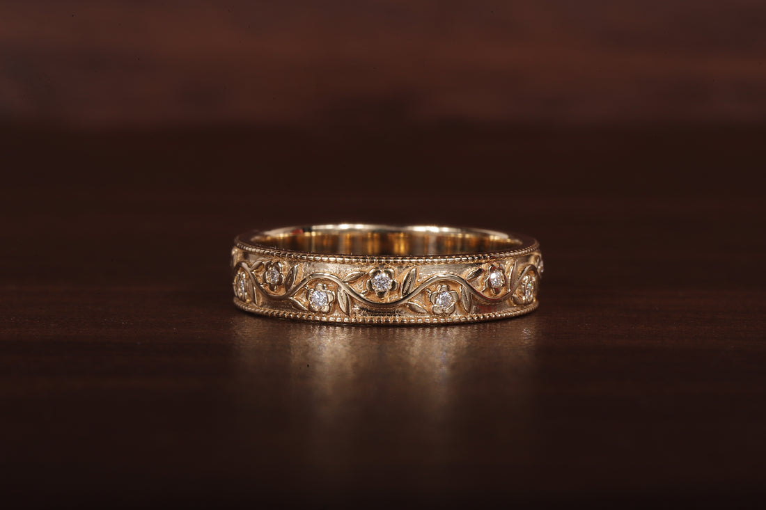 Vintage Floral Moissanite Wedding Band, 4MM Milgrain Gold Ring