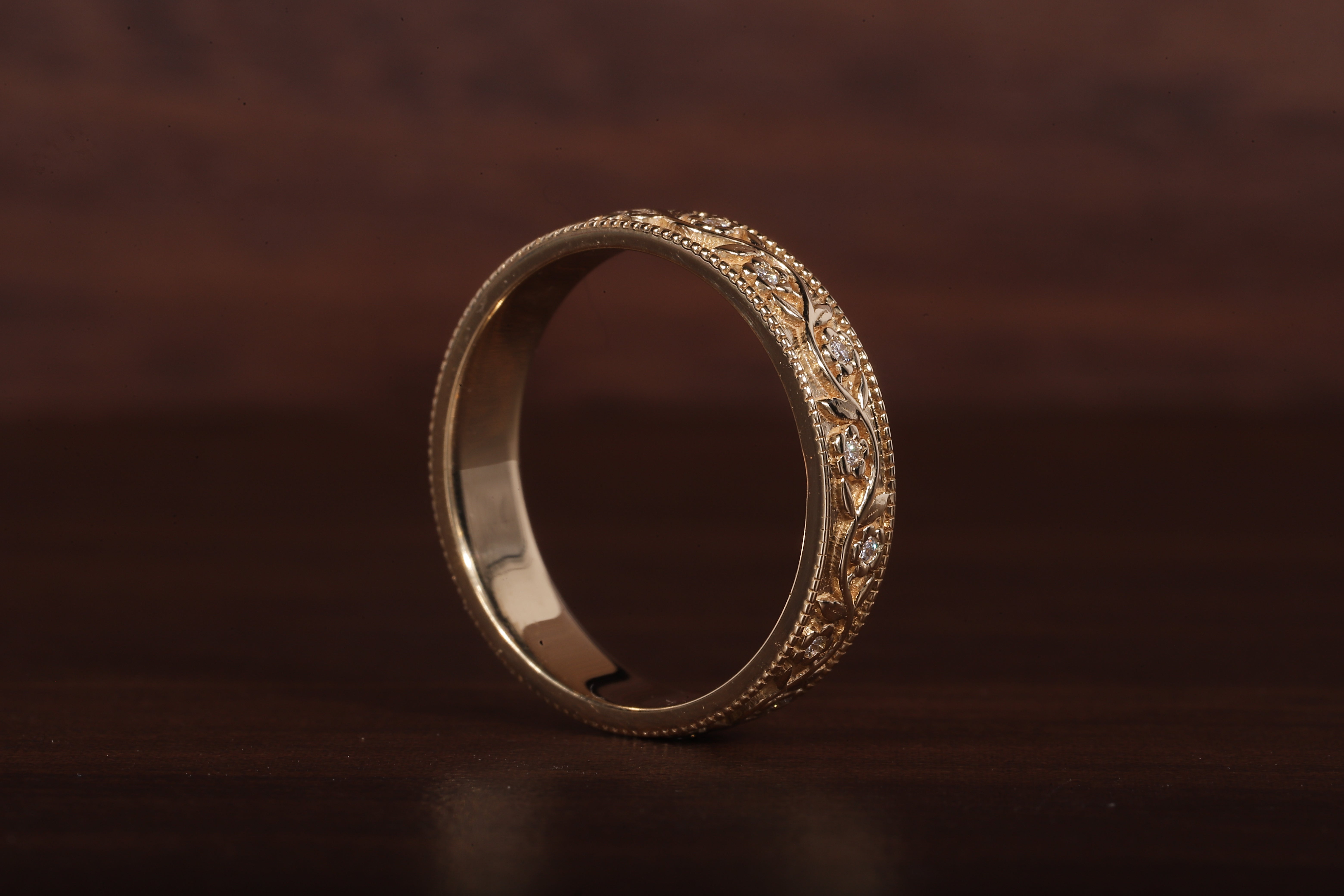Vintage Floral Moissanite Wedding Band, 4MM Milgrain Gold Ring