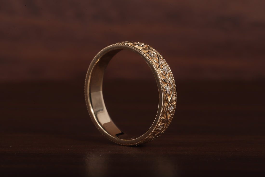 Vintage Floral Moissanite Wedding Band, 4MM Milgrain Gold Ring