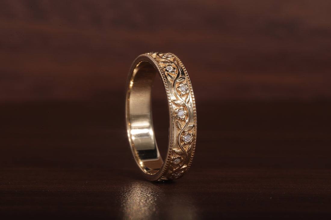 Vintage Floral Moissanite Wedding Band, 4MM Milgrain Gold Ring