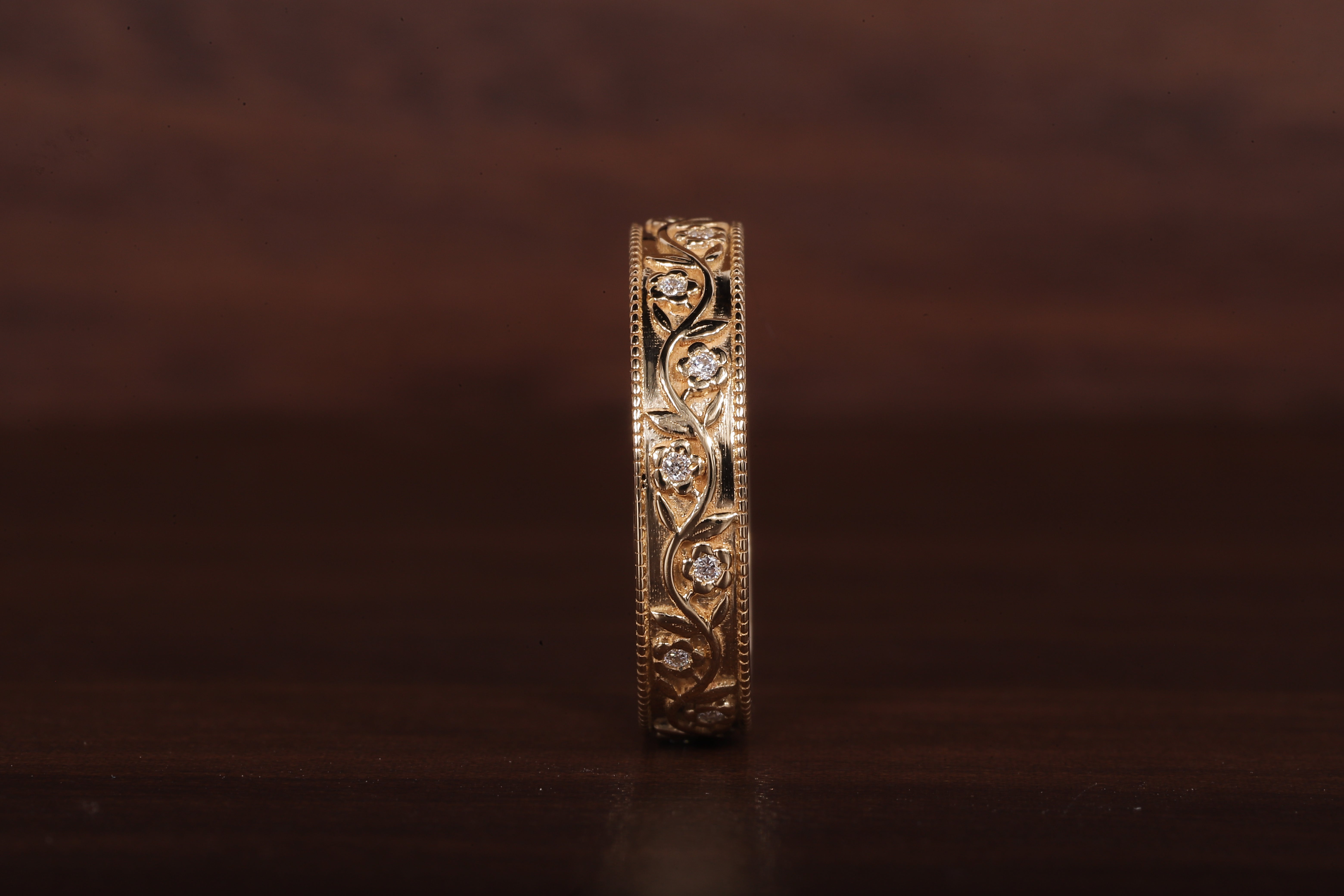Vintage Floral Moissanite Wedding Band, 4MM Milgrain Gold Ring