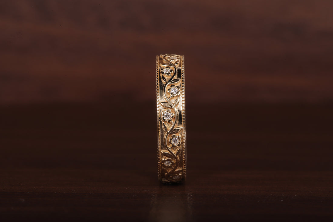Vintage Floral Moissanite Wedding Band, 4MM Milgrain Gold Ring