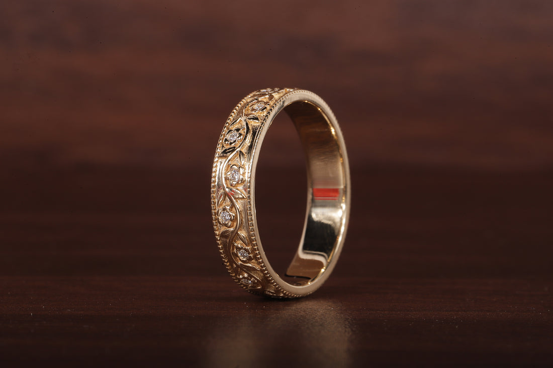 Vintage Floral Moissanite Wedding Band, 4MM Milgrain Gold Ring