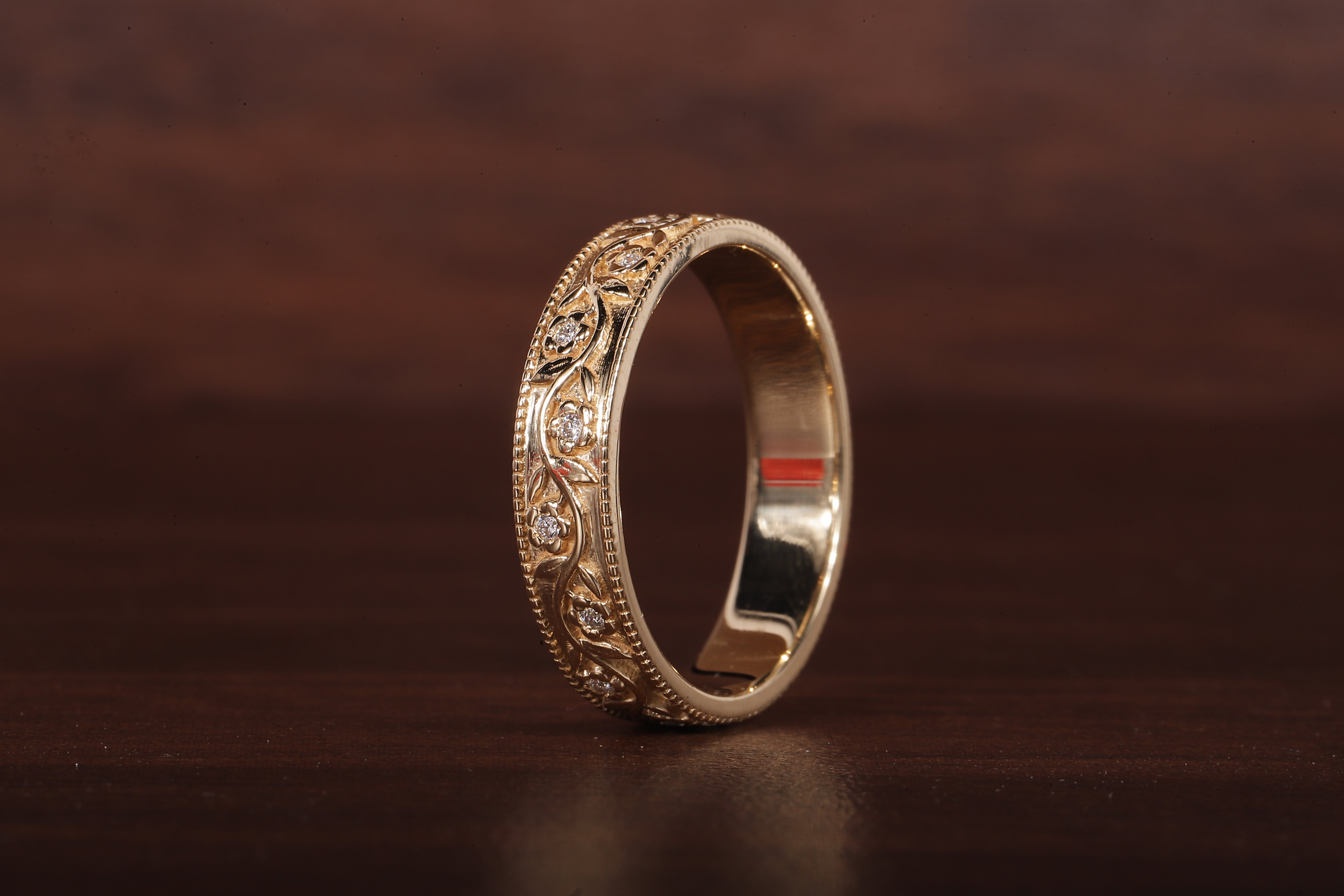 Natural /Lab grown Diamond Round Flush Milgrain Wedding Band Floral Wedding Band