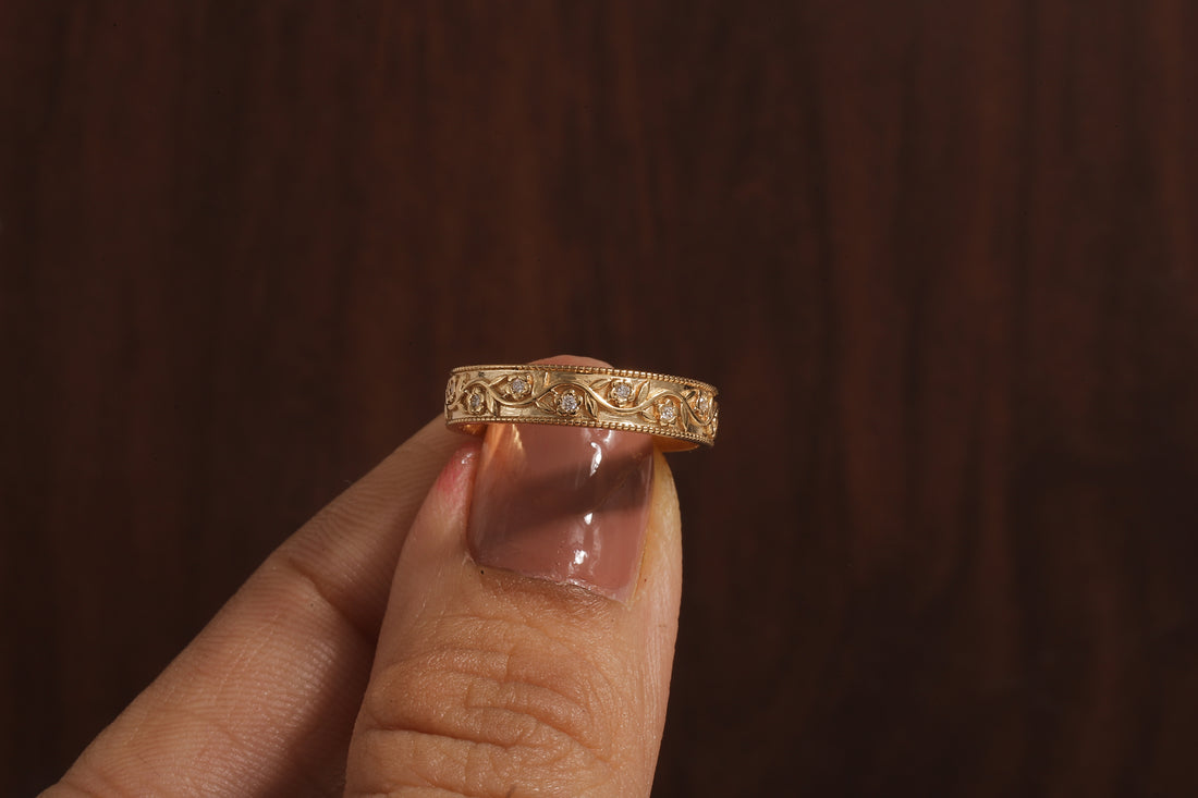 Natural /Lab grown Diamond Round Flush Milgrain Wedding Band Floral Wedding Band