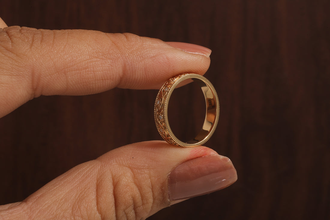 Vintage Floral Moissanite Wedding Band, 4MM Milgrain Gold Ring