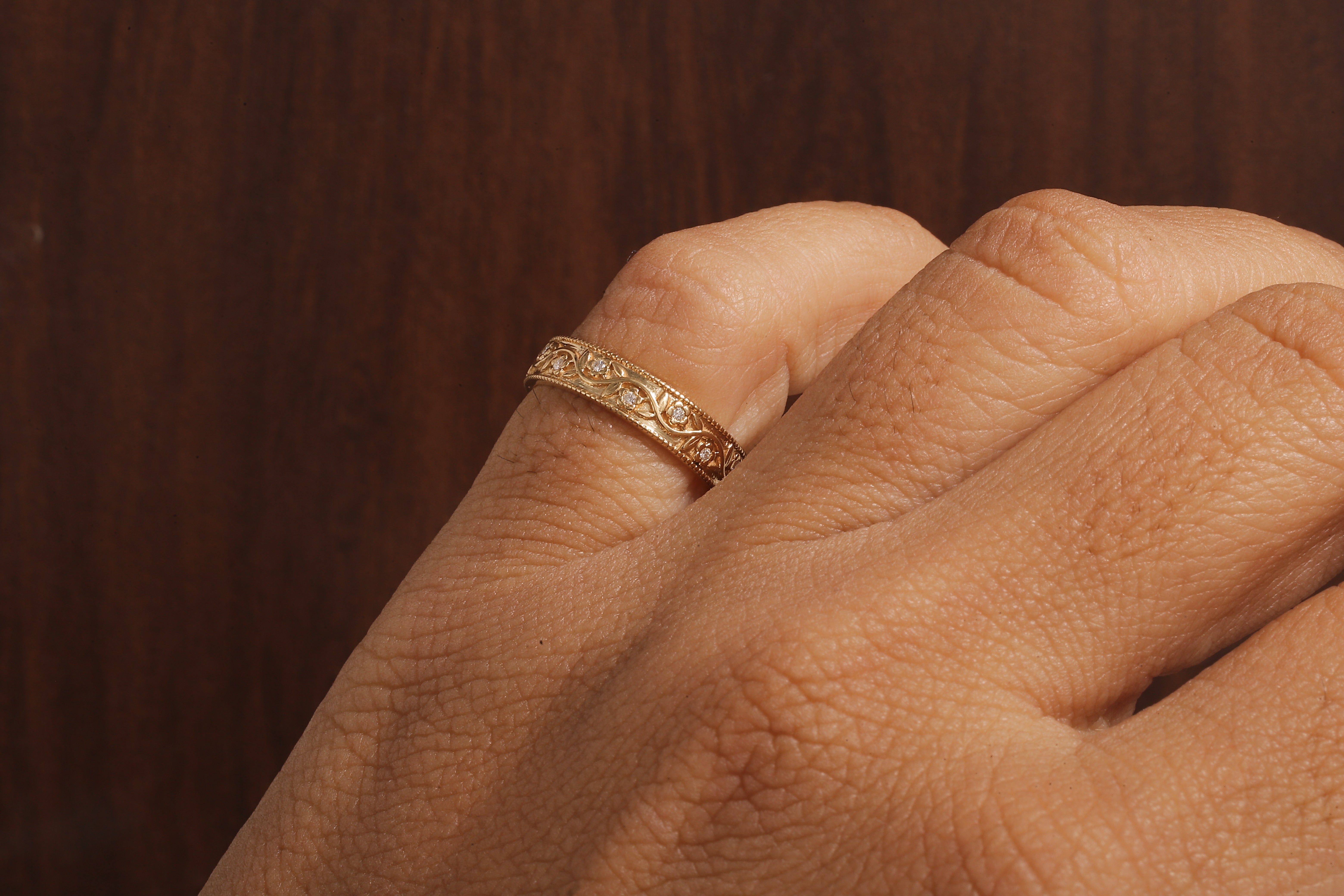 Vintage Floral Moissanite Wedding Band, 4MM Milgrain Gold Ring