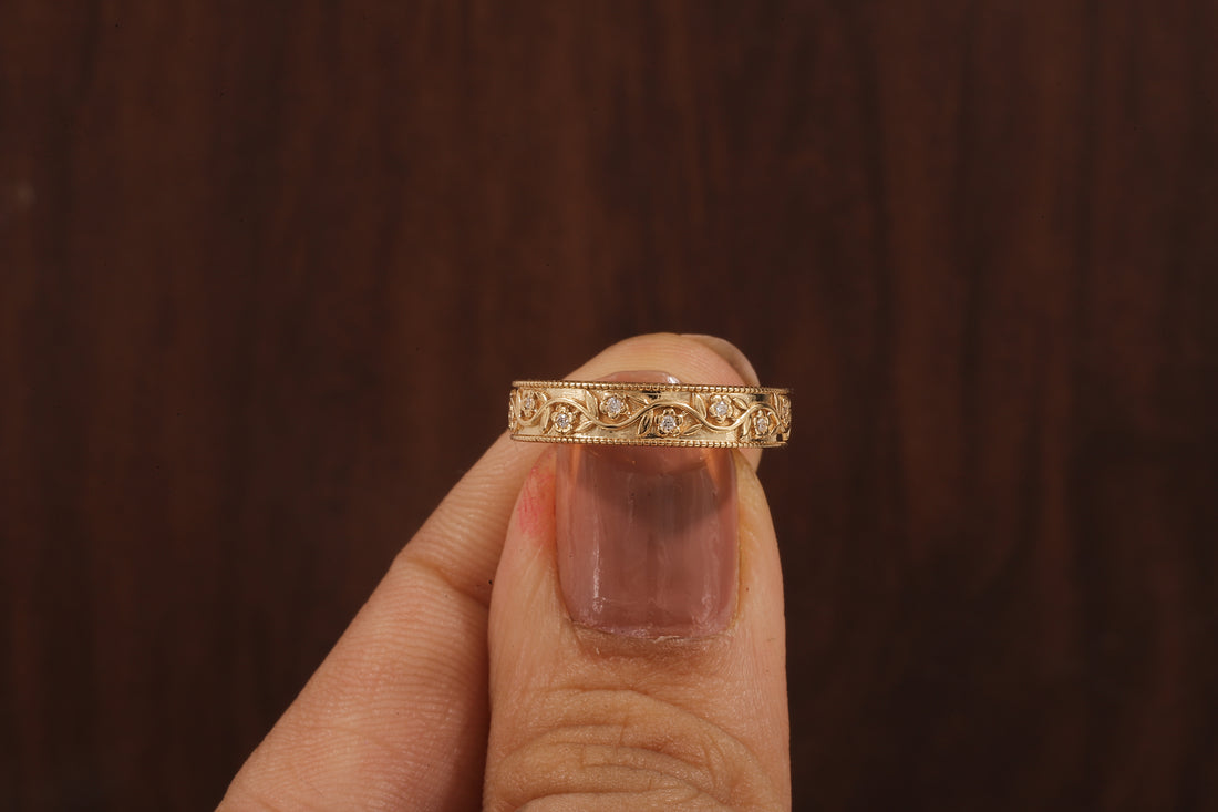 Vintage Floral Moissanite Wedding Band, 4MM Milgrain Gold Ring
