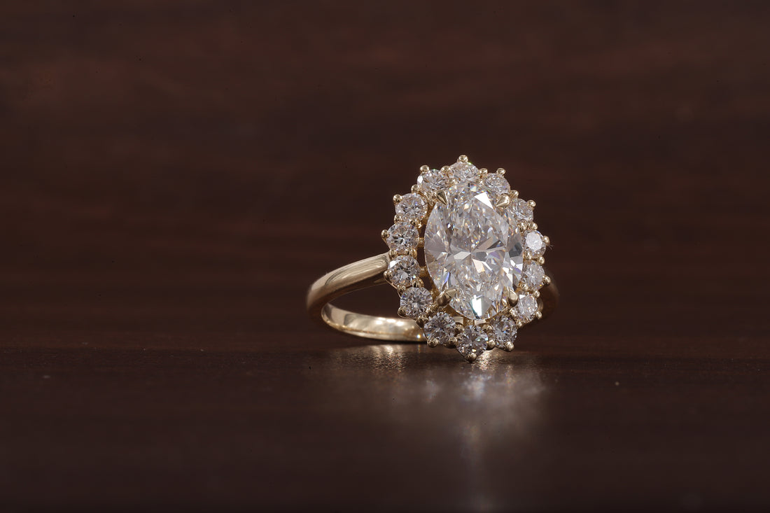 Oval Flower Shape Diamond Ring ,F/VS1 Oval Lab Created Diamond Halo Ring