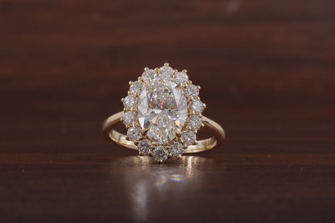 Oval Flower Shape Diamond Ring ,F/VS1 Oval Lab Created Diamond Halo Ring