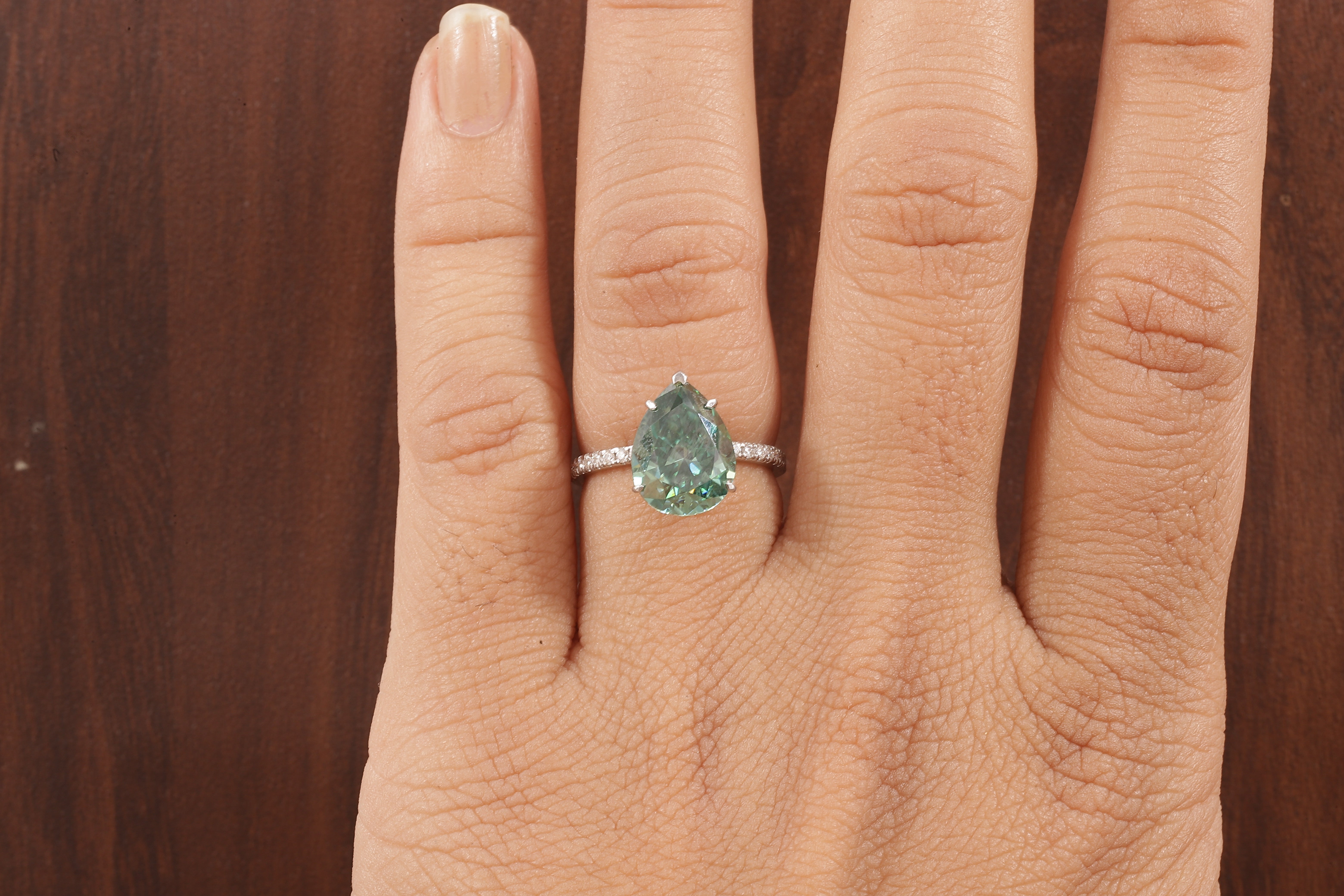 3.0 CT Green Moissanite Pear Cut Solid Gold Emerald Engagement Ring, Womens Green Solitaire Ring