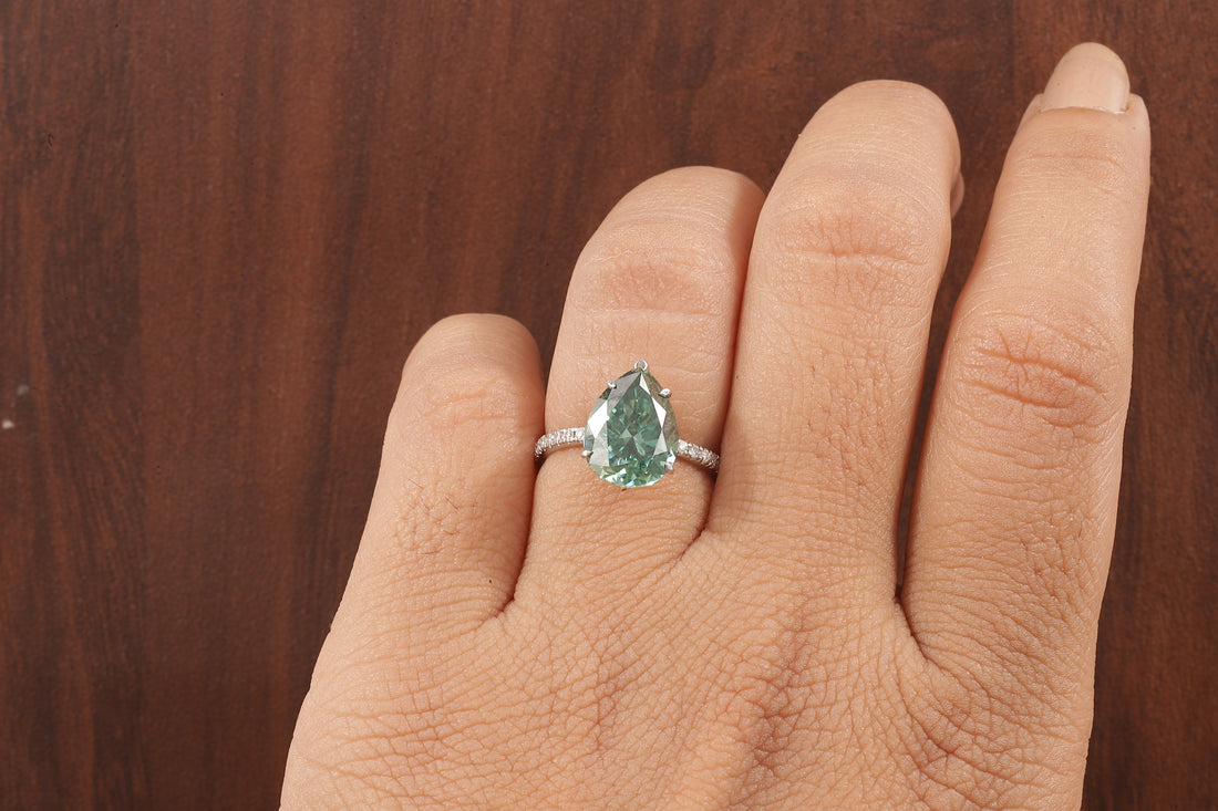 3.0 CT Green Moissanite Pear Cut Solid Gold Emerald Engagement Ring, Womens Green Solitaire Ring