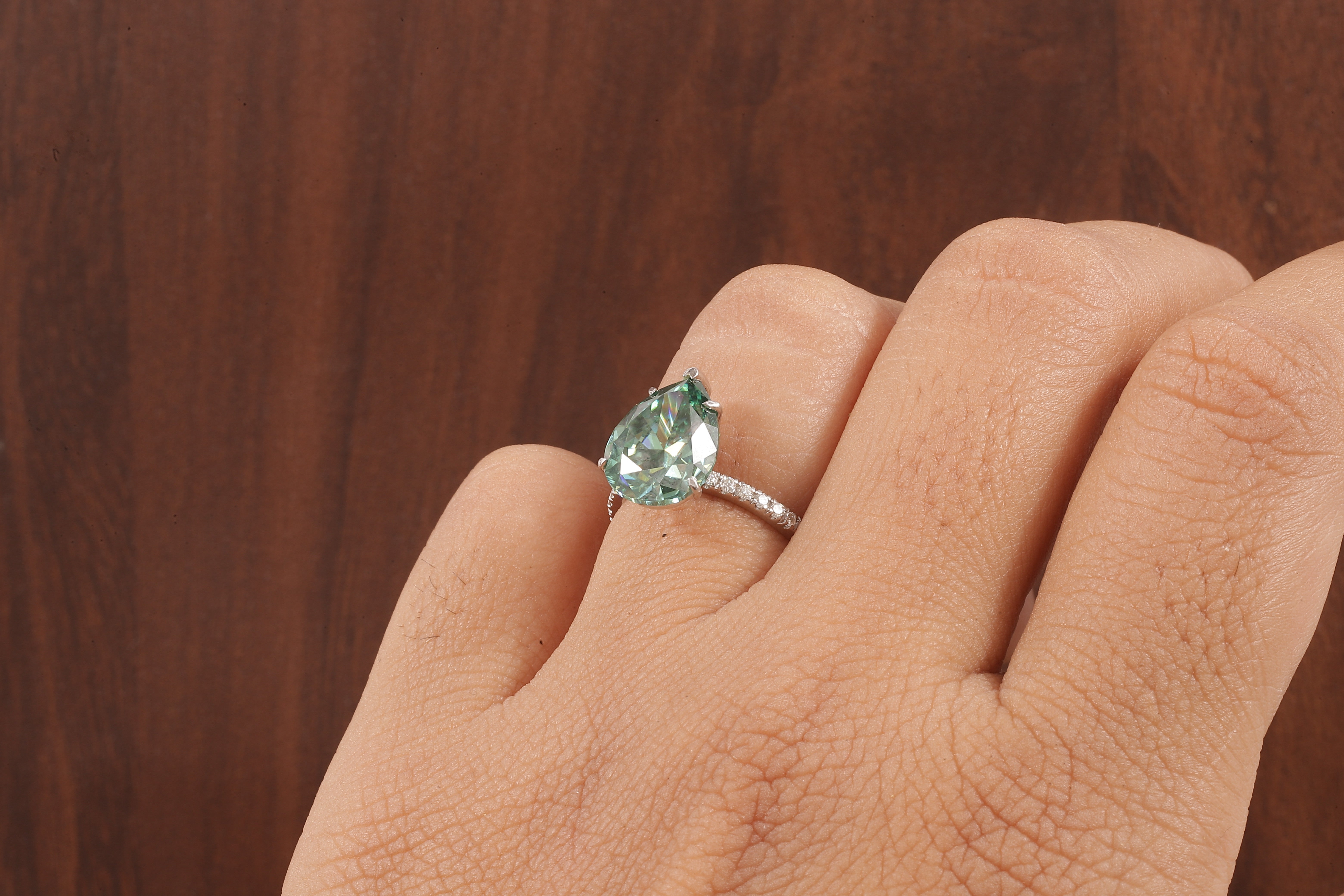 3.0 CT Green Moissanite Pear Cut Solid Gold Emerald Engagement Ring, Womens Green Solitaire Ring