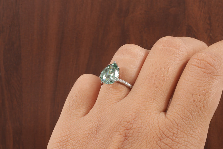 3.0 CT Green Moissanite Pear Cut Solid Gold Emerald Engagement Ring, Womens Green Solitaire Ring