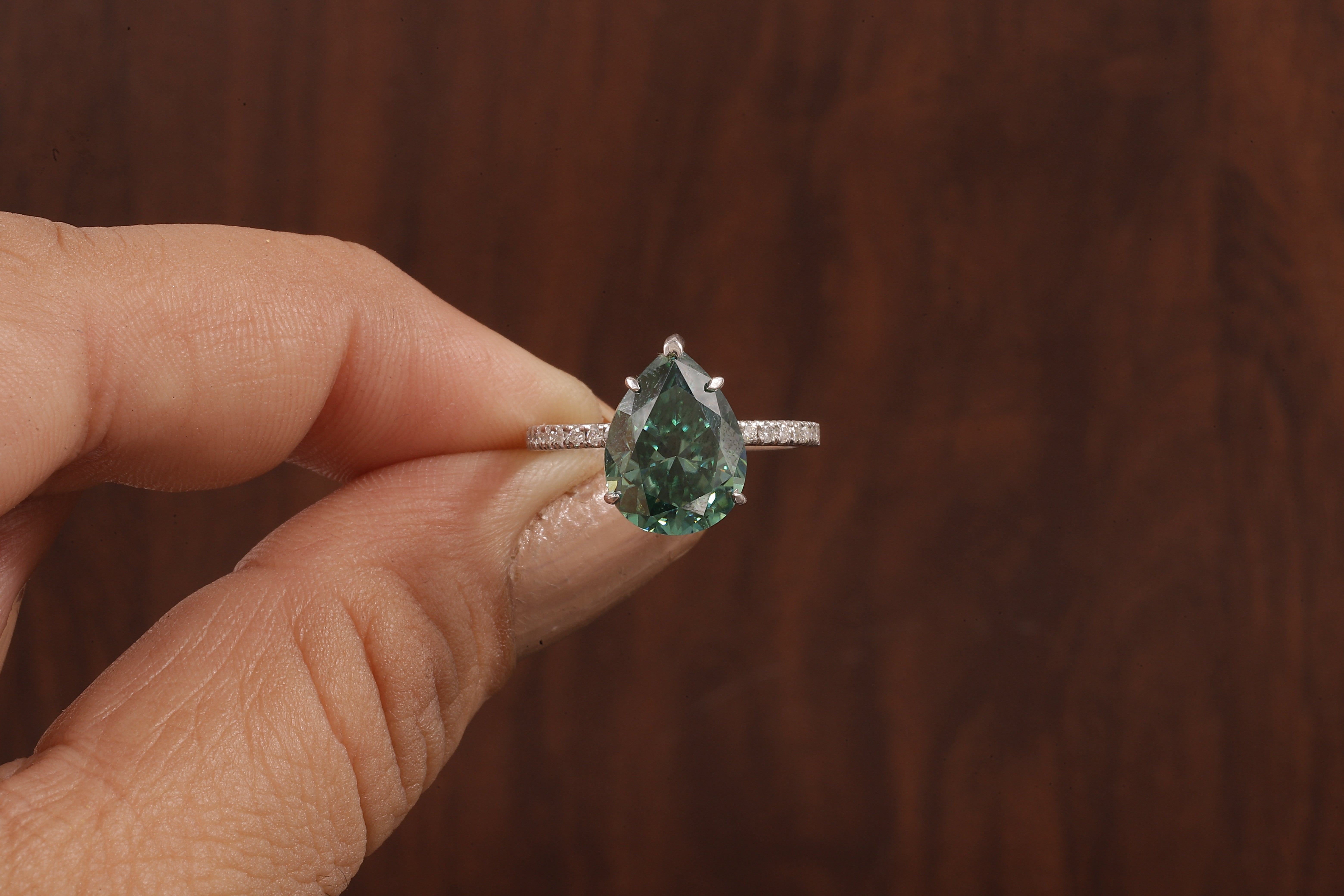 3.0 CT Green Moissanite Pear Cut Solid Gold Emerald Engagement Ring, Womens Green Solitaire Ring