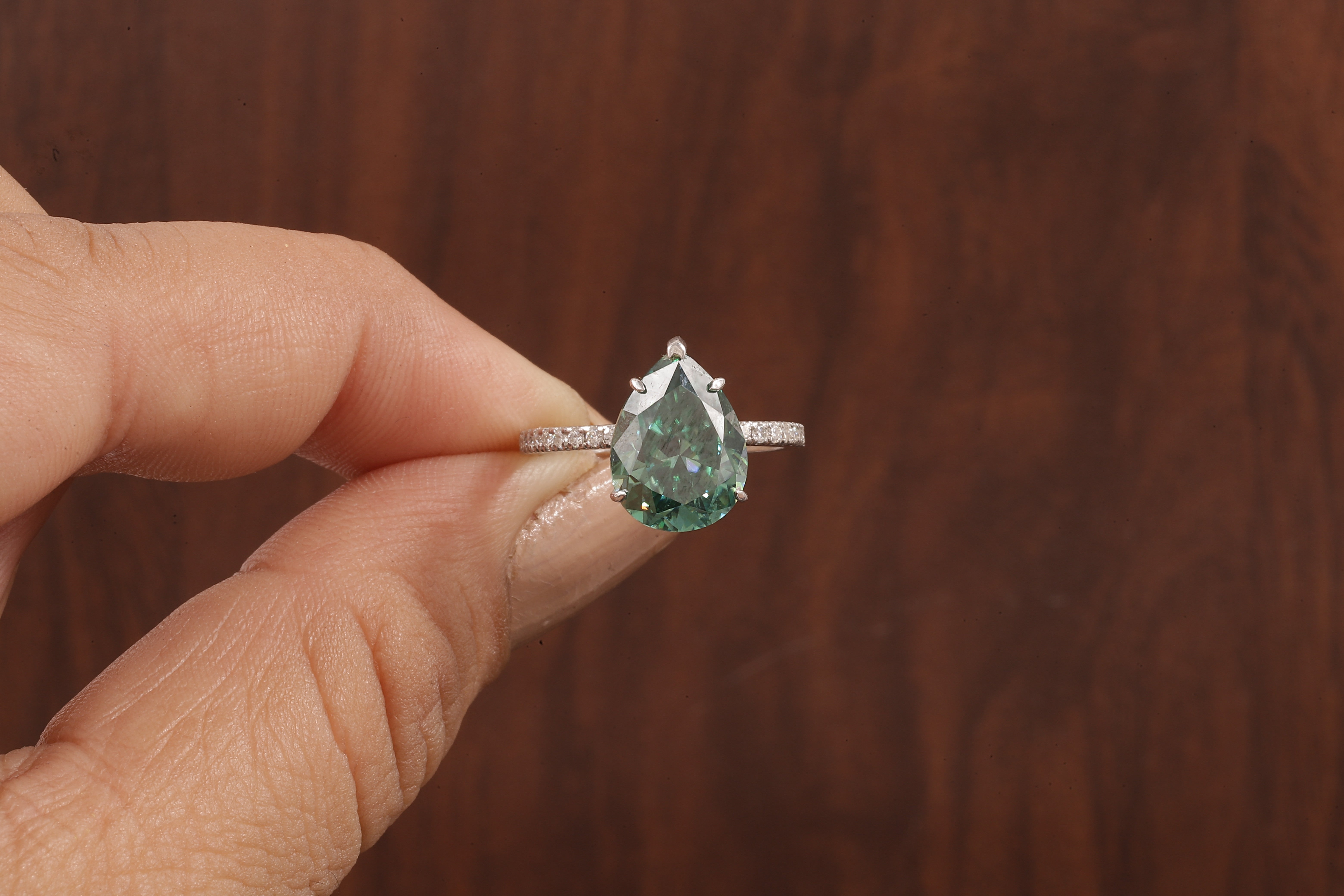 3.0 CT Green Moissanite Pear Cut Solid Gold Emerald Engagement Ring, Womens Green Solitaire Ring