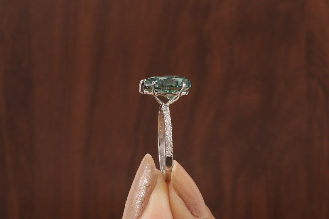 3.0 CT Green Moissanite Pear Cut Solid Gold Emerald Engagement Ring, Womens Green Solitaire Ring