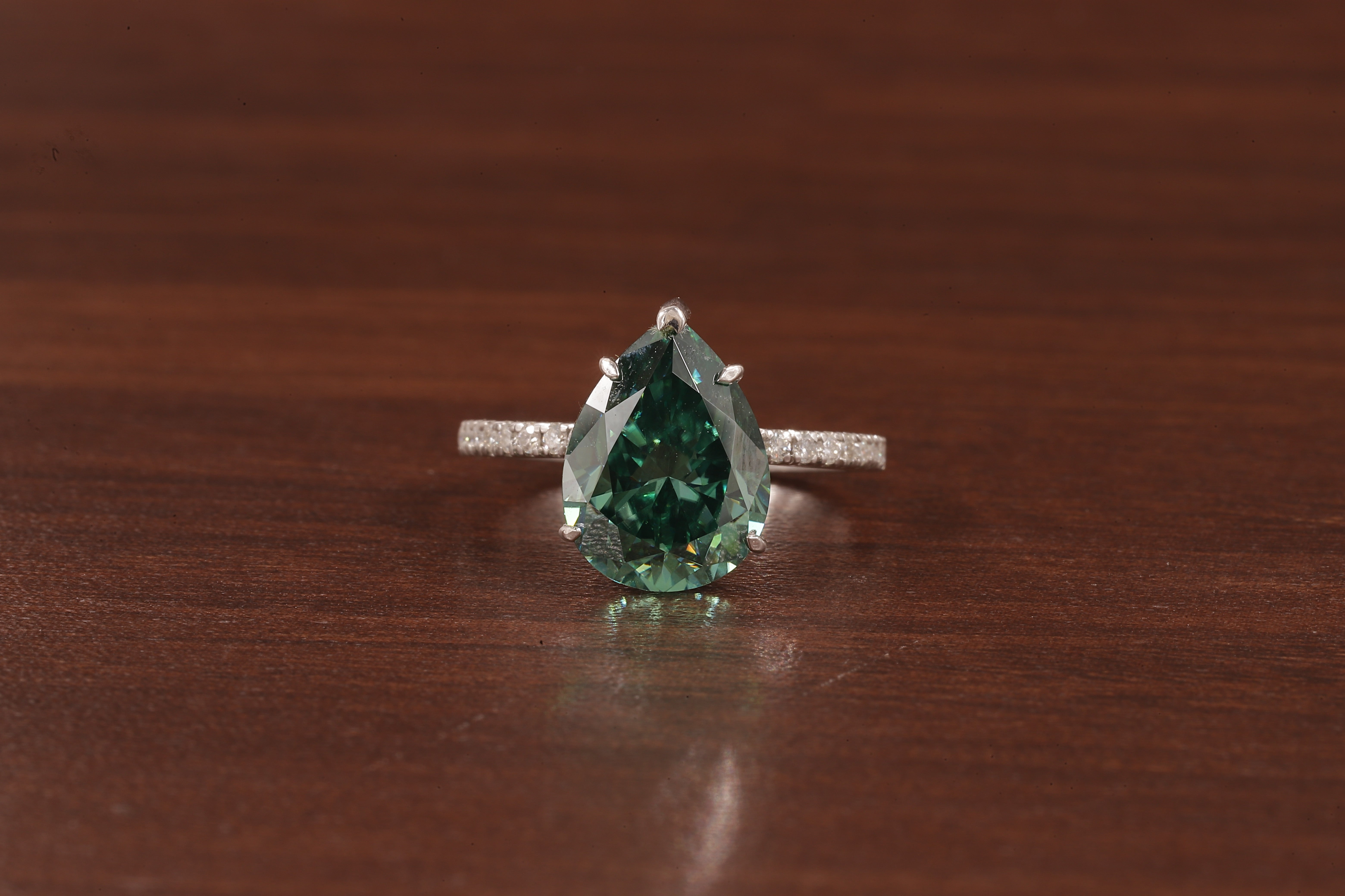 3.0 CT Green Moissanite Pear Cut Solid Gold Emerald Engagement Ring, Womens Green Solitaire Ring
