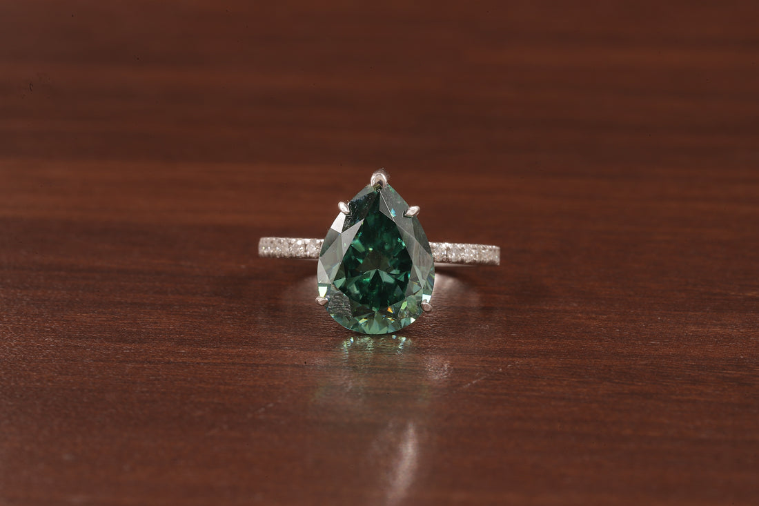 3.0 CT Green Moissanite Pear Cut Solid Gold Emerald Engagement Ring, Womens Green Solitaire Ring