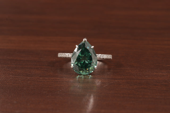3.0 CT Green Moissanite Pear Cut Solid Gold Emerald Engagement Ring, Womens Green Solitaire Ring