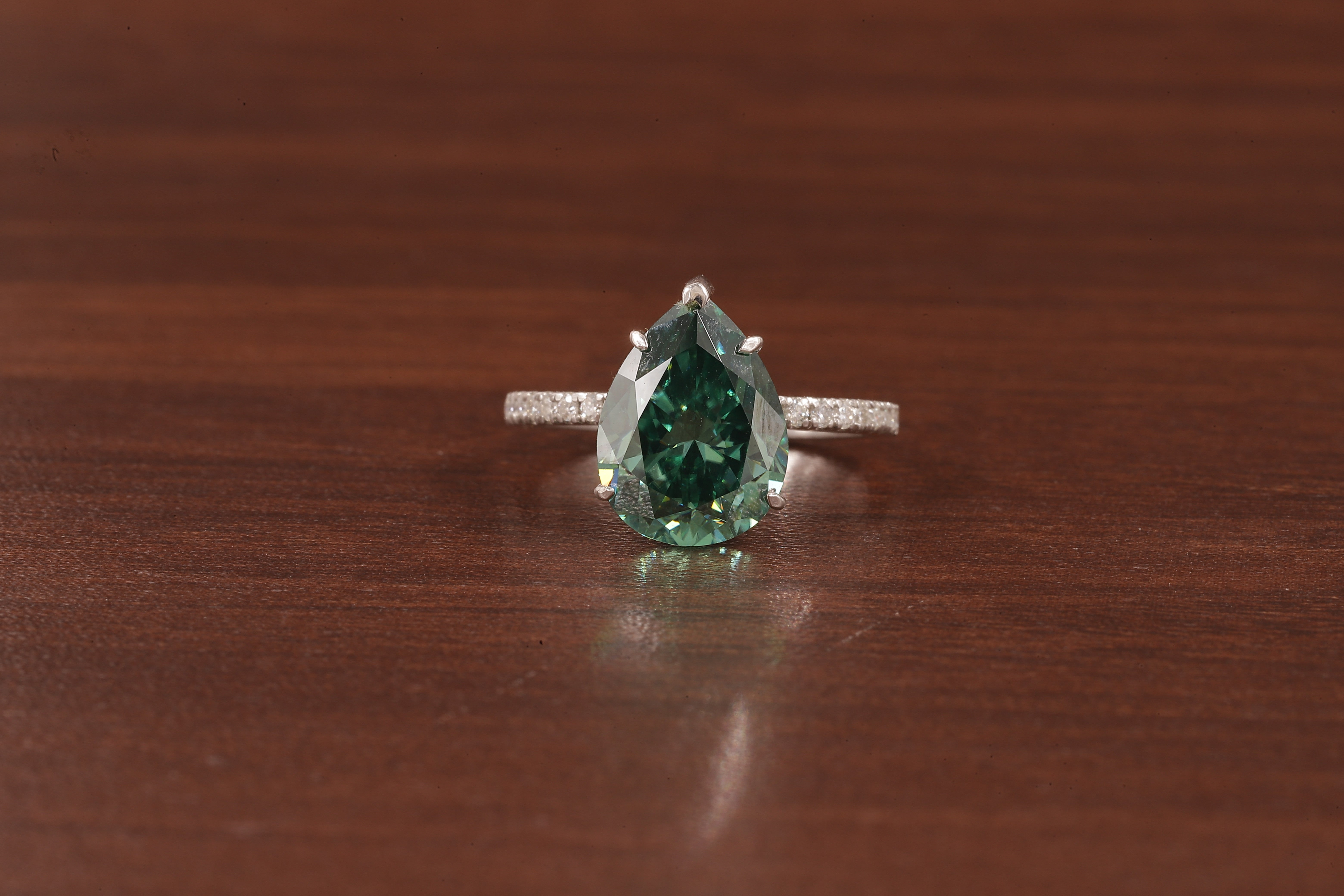 3.0 CT Green Moissanite Pear Cut Solid Gold Emerald Engagement Ring, Womens Green Solitaire Ring