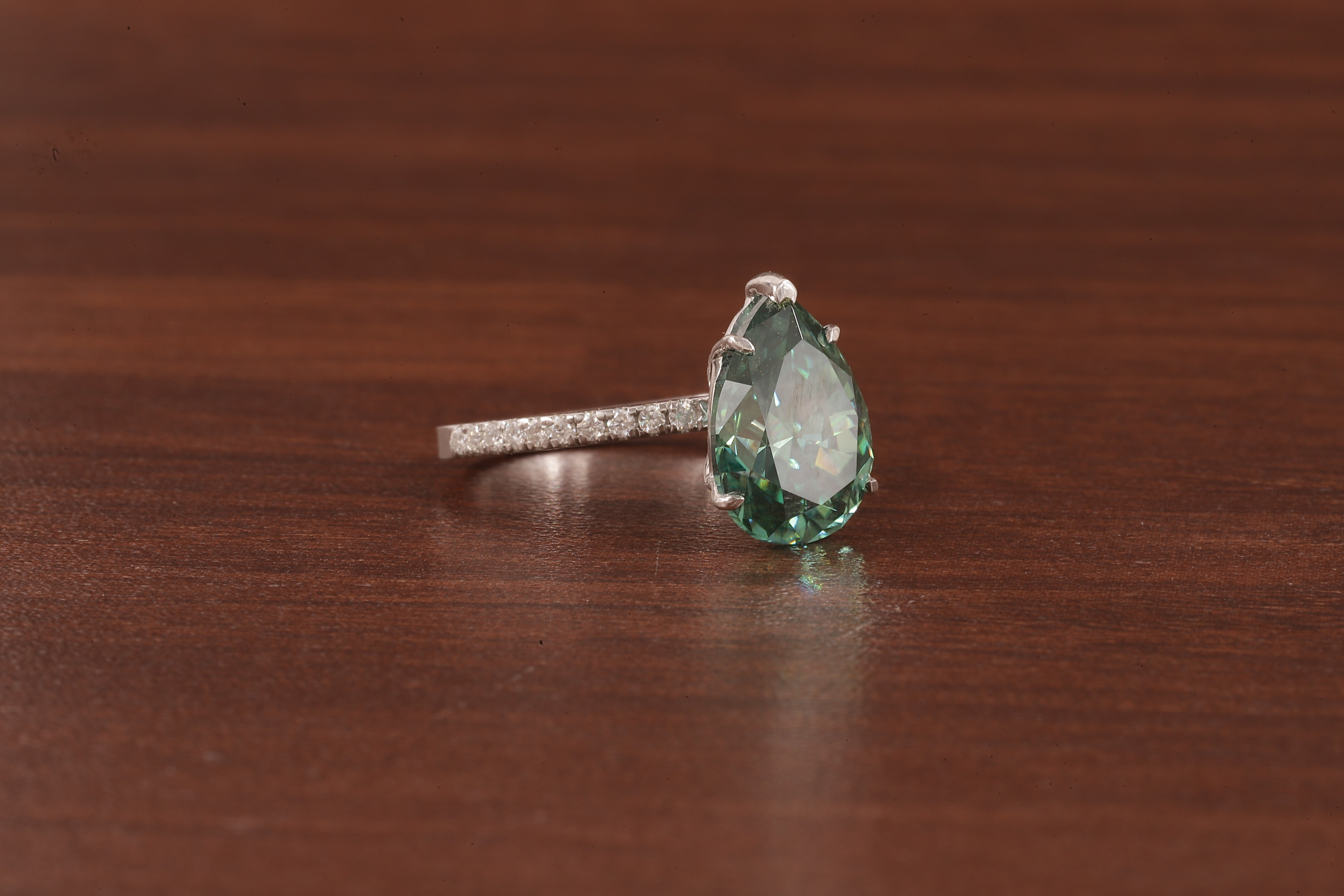 3.0 CT Green Moissanite Pear Cut Solid Gold Emerald Engagement Ring, Womens Green Solitaire Ring