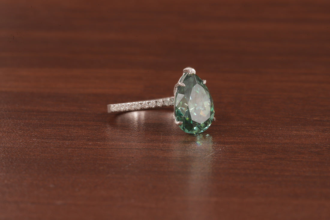 3.0 CT Green Moissanite Pear Cut Solid Gold Emerald Engagement Ring, Womens Green Solitaire Ring