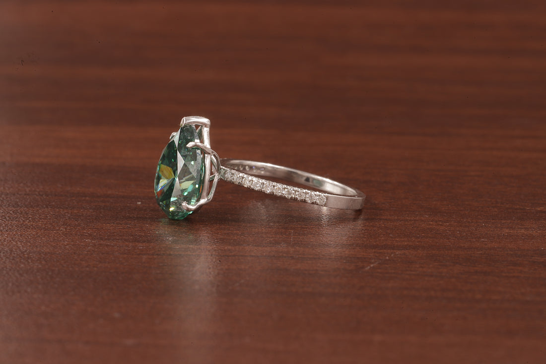 3.0 CT Green Moissanite Pear Cut Solid Gold Emerald Engagement Ring, Womens Green Solitaire Ring