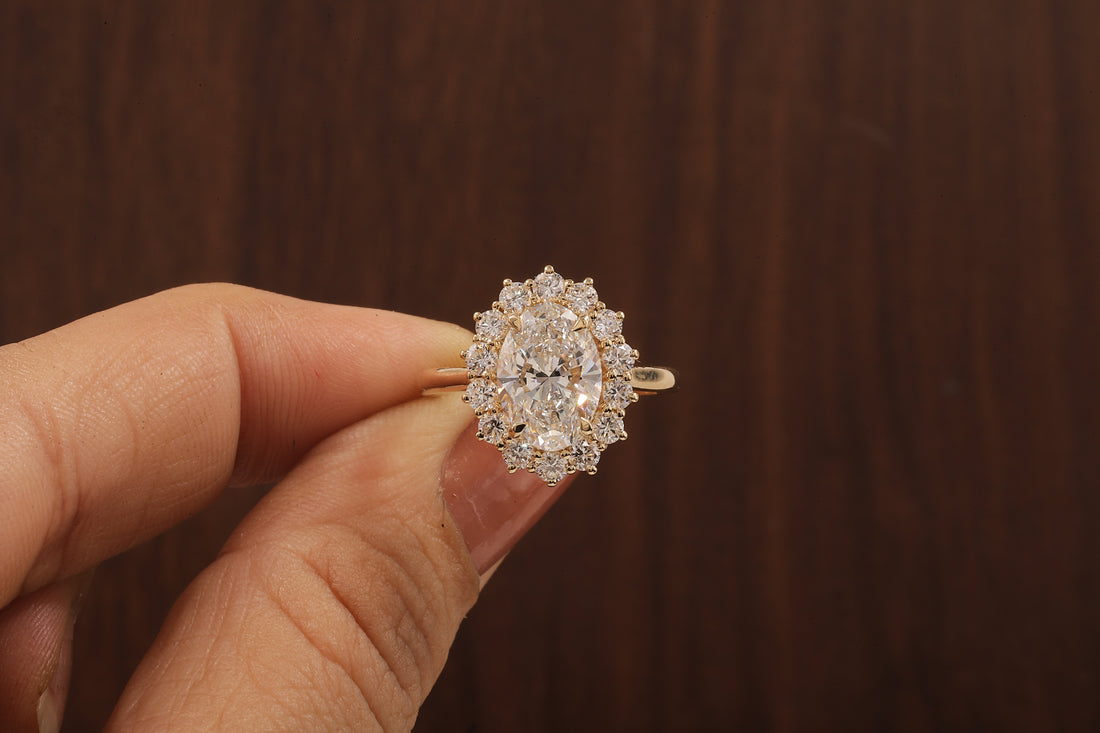 Oval Flower Shape Diamond Ring ,F/VS1 Oval Lab Created Diamond Halo Ring