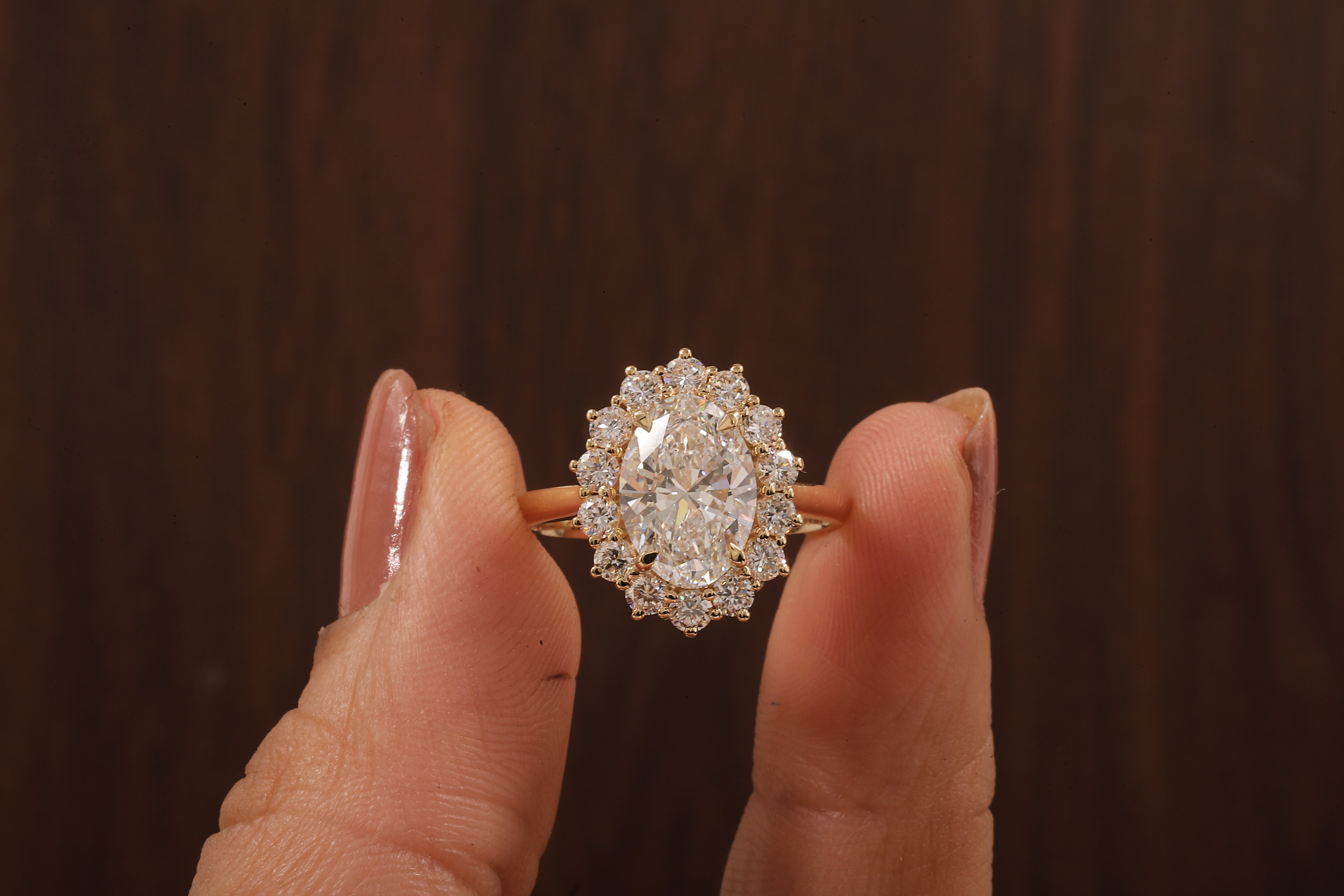 Oval Flower Shape Diamond Ring ,F/VS1 Oval Lab Created Diamond Halo Ring