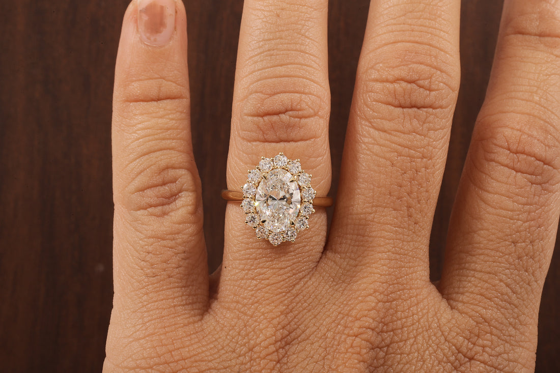 Oval Flower Shape Diamond Ring ,F/VS1 Oval Lab Created Diamond Halo Ring