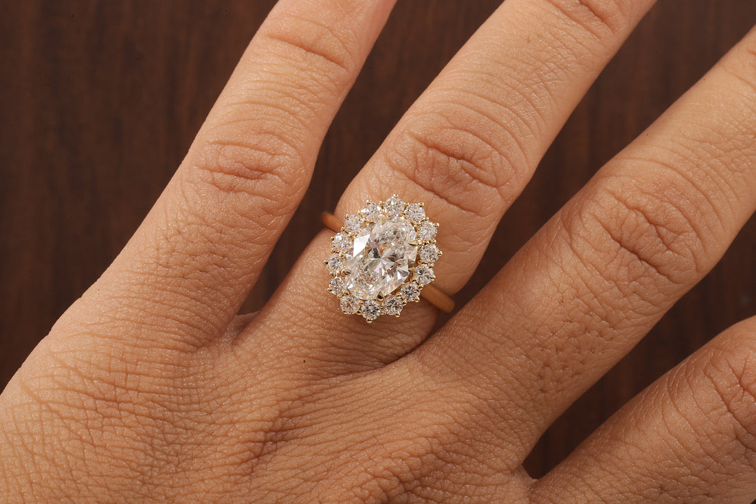 Oval Flower Shape Diamond Ring ,F/VS1 Oval Lab Created Diamond Halo Ring