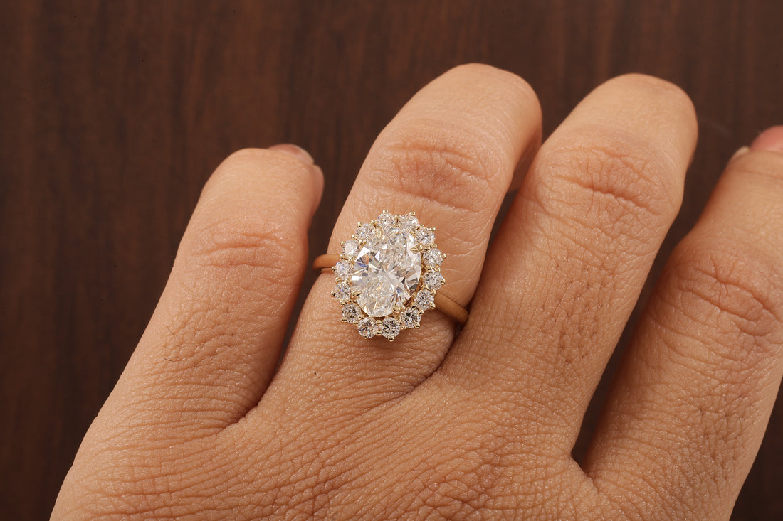 Oval Flower Shape Diamond Ring ,F/VS1 Oval Lab Created Diamond Halo Ring