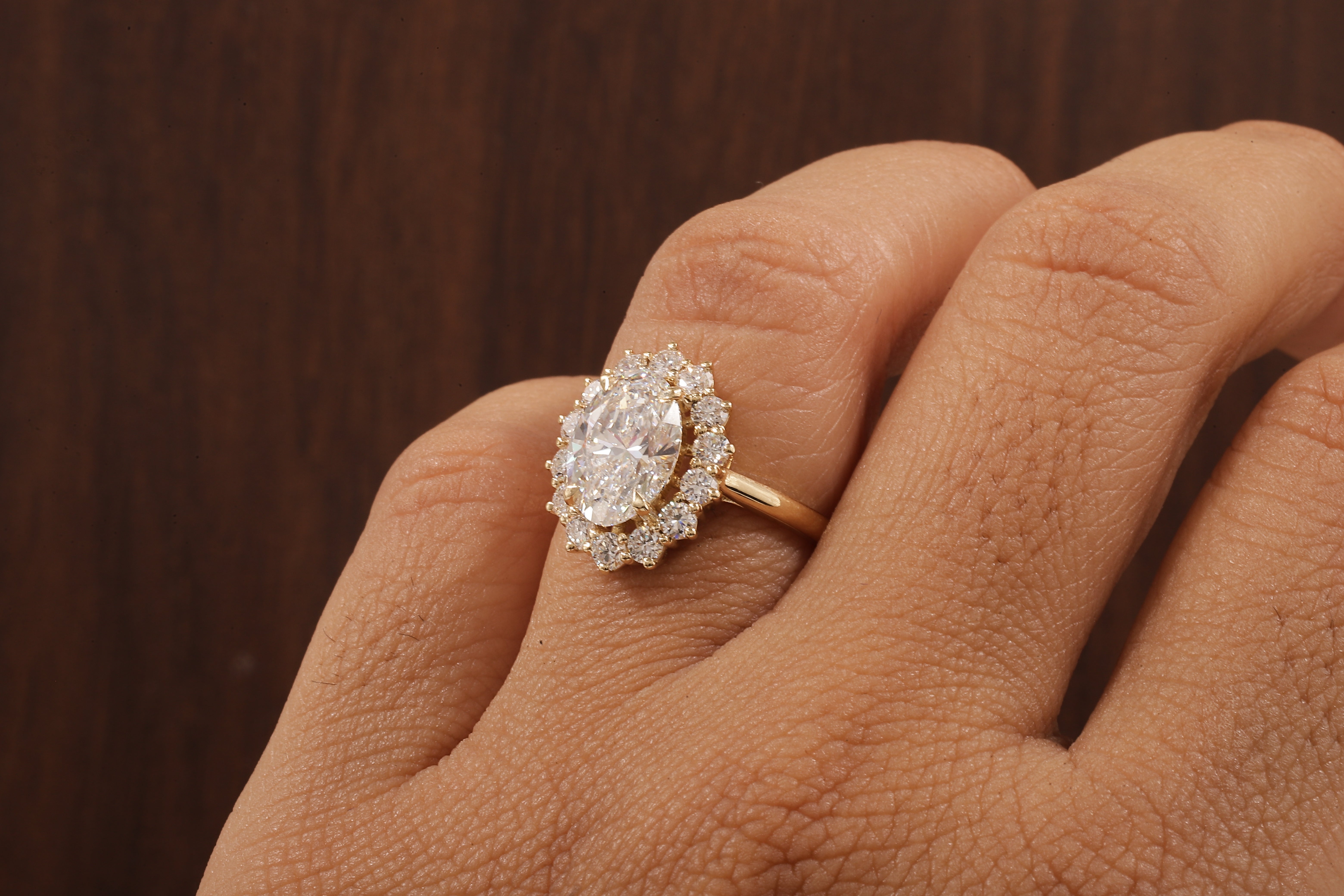 Oval Flower Shape Diamond Ring ,F/VS1 Oval Lab Created Diamond Halo Ring