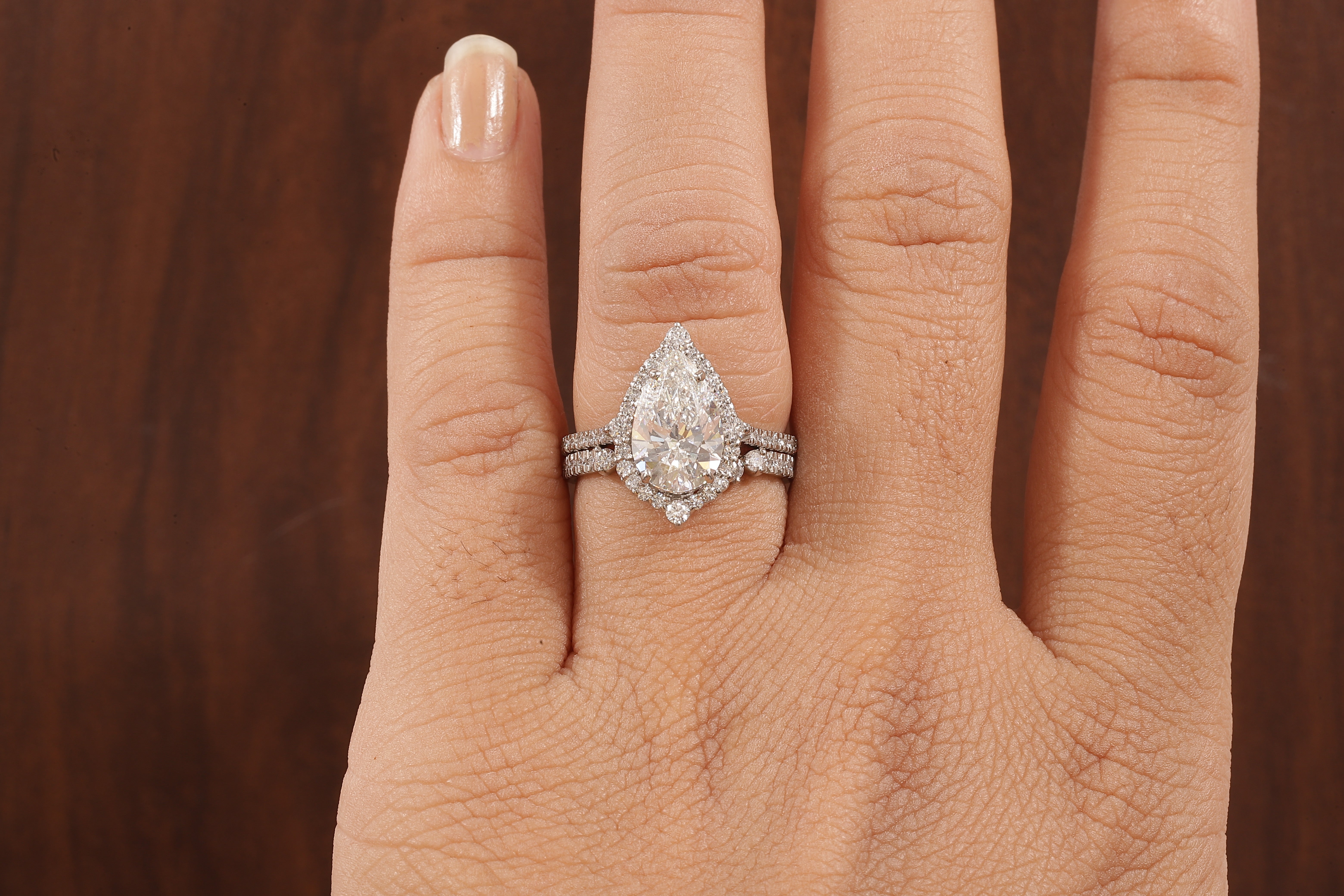 Round Curve Stacking Band With 2.5 CT Pear Lab Grown Diamond , Pear Halo Ring