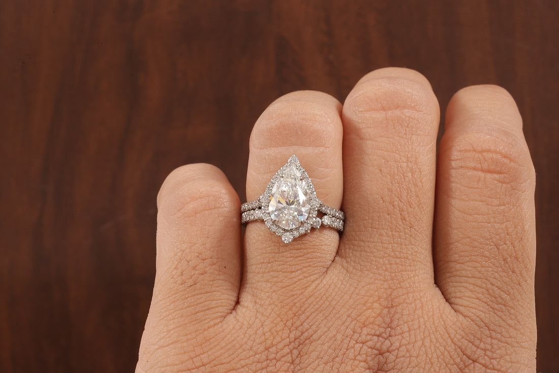 Round Curve Stacking Band With 2.5 CT Pear Lab Grown Diamond , Pear Halo Ring