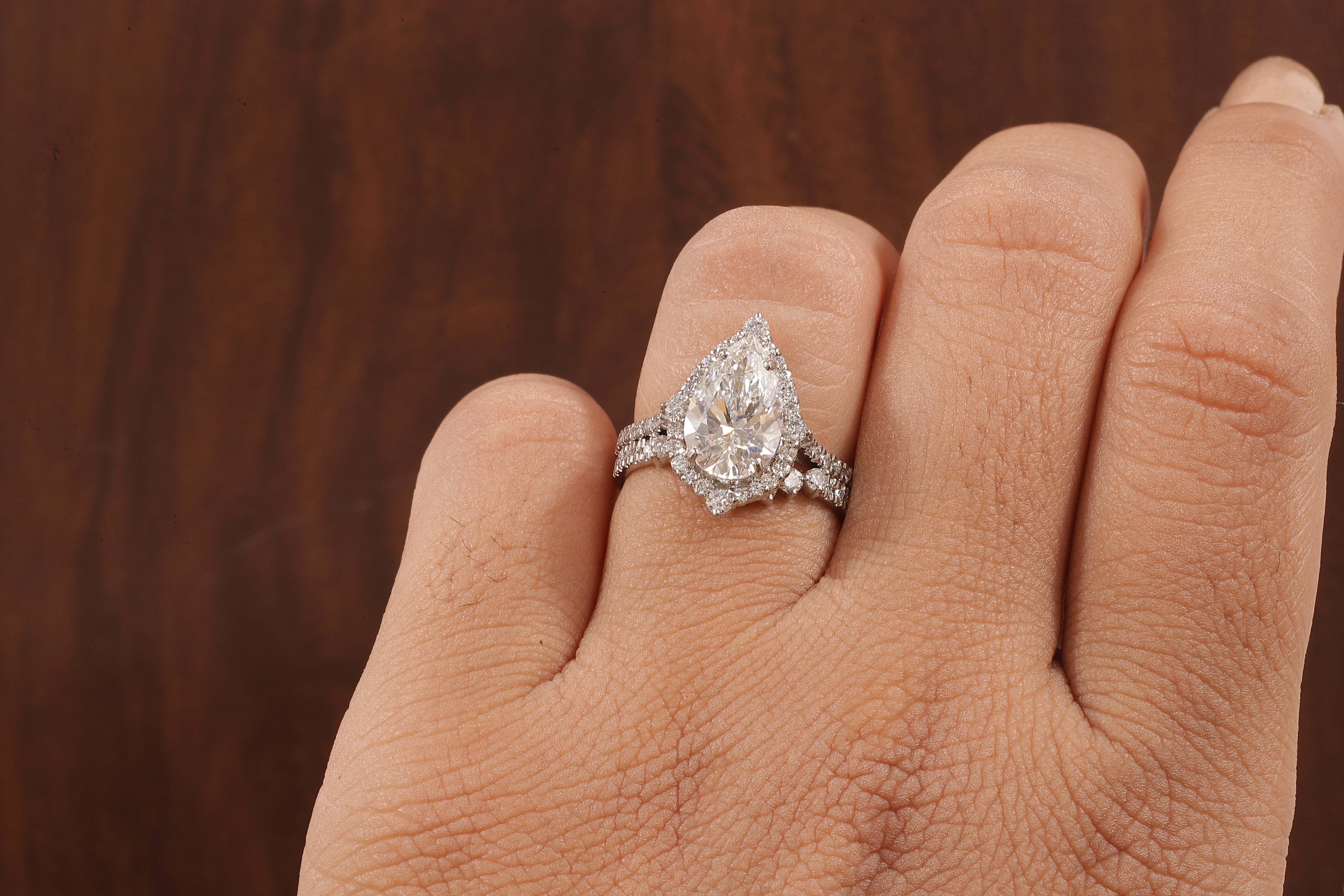 Round Curve Stacking Band With 2.5 CT Pear Lab Grown Diamond , Pear Halo Ring