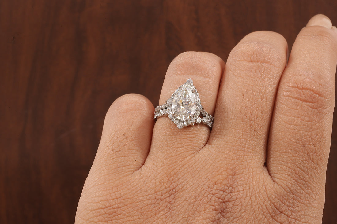 Round Curve Stacking Band With 2.5 CT Pear Lab Grown Diamond , Pear Halo Ring