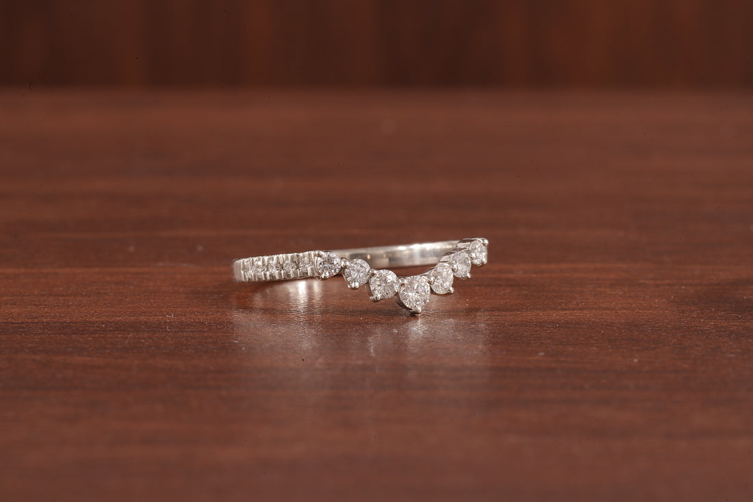 10K White Gold Round Moissanite Curved Band, Stackable Wedding Rings