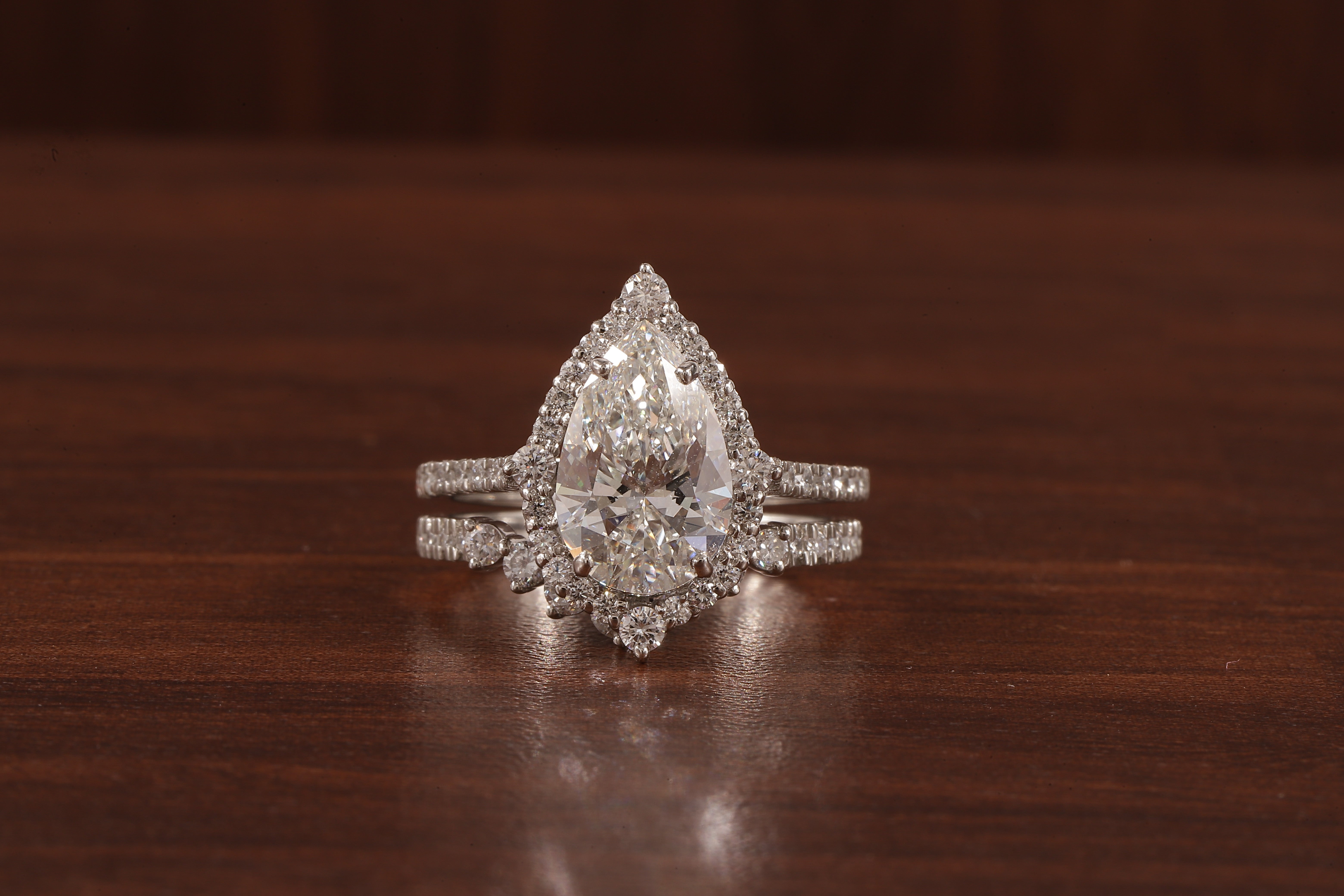 Round Curve Stacking Band With 2.5 CT Pear Lab Grown Diamond , Pear Halo Ring