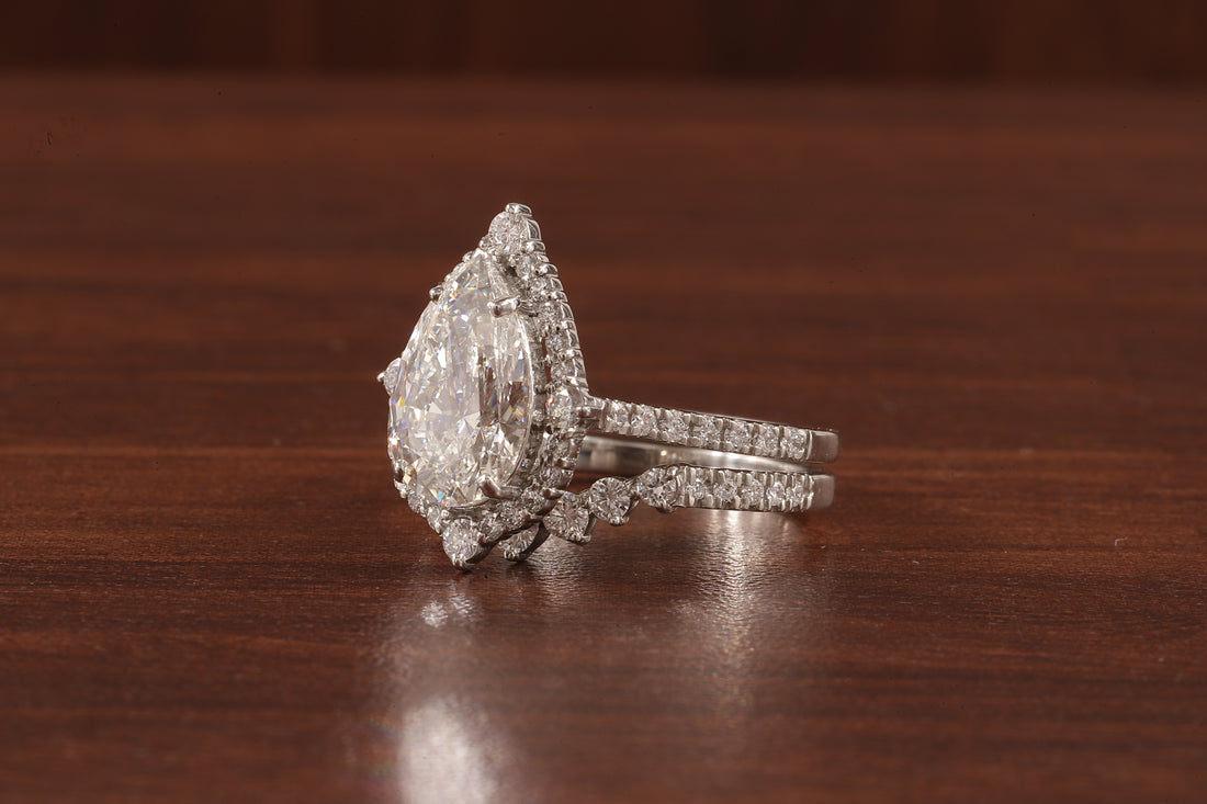 Round Curve Stacking Band With 2.5 CT Pear Lab Grown Diamond , Pear Halo Ring