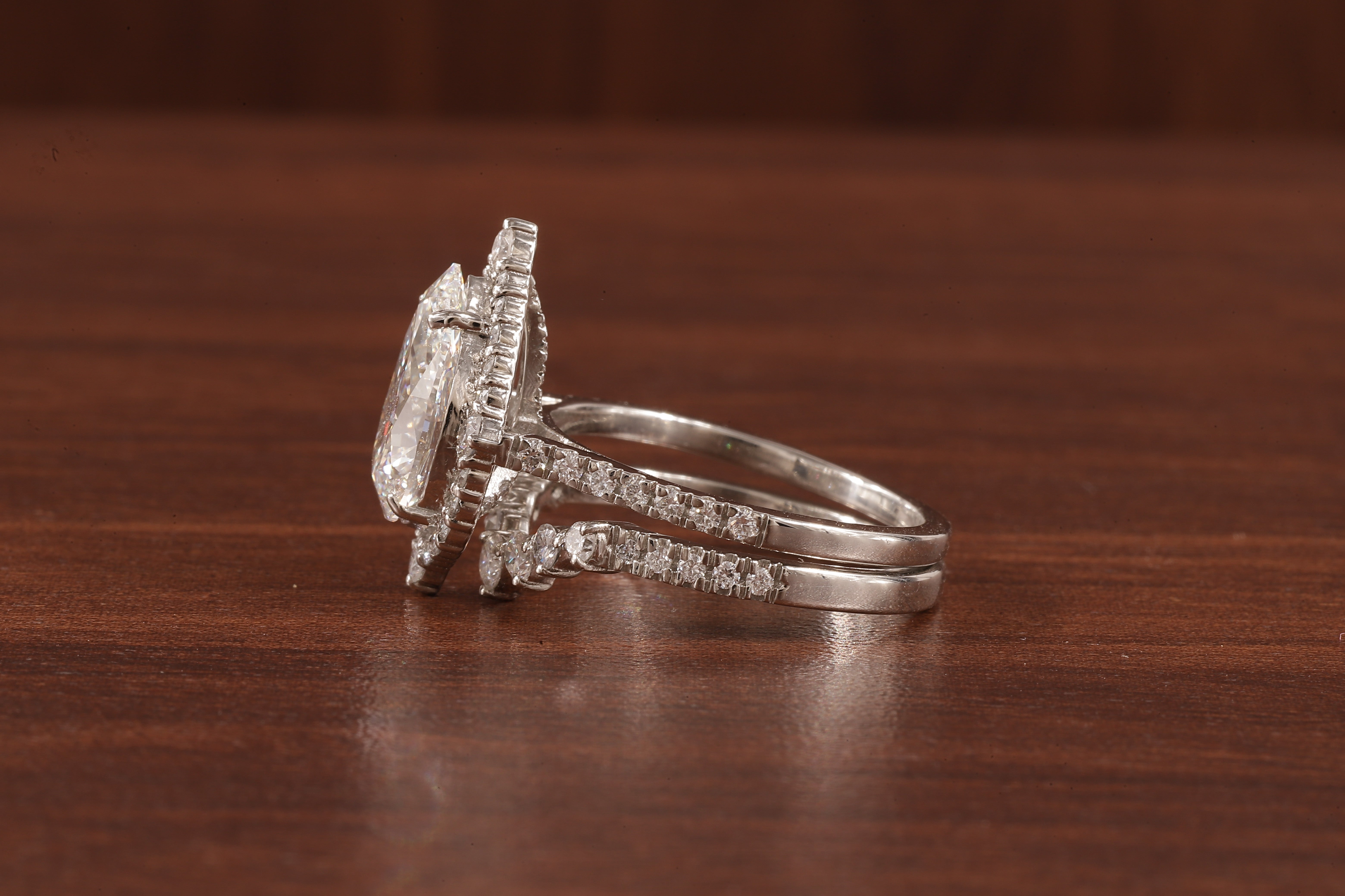 Round Curve Stacking Band With 2.5 CT Pear Lab Grown Diamond , Pear Halo Ring
