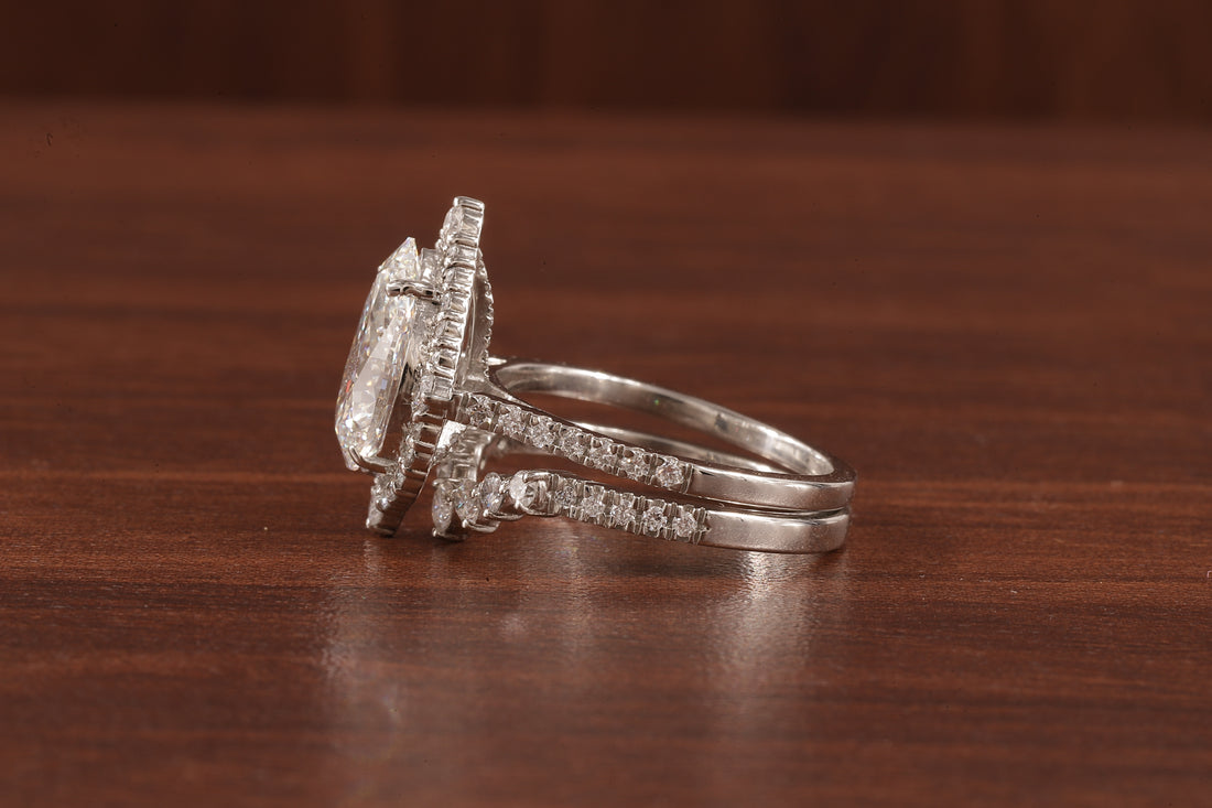 Round Curve Stacking Band With 2.5 CT Pear Lab Grown Diamond , Pear Halo Ring