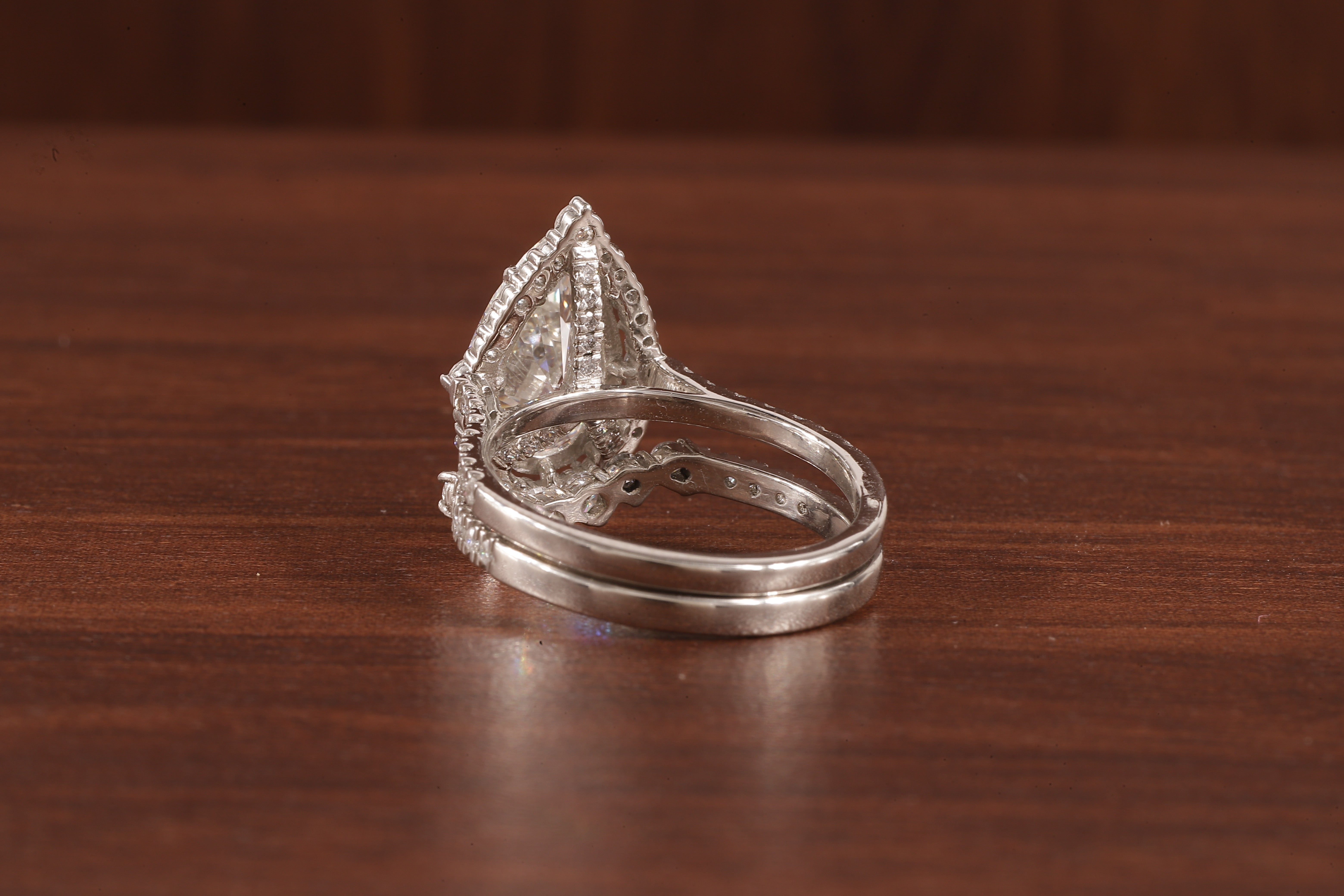 Round Curve Stacking Band With 2.5 CT Pear Lab Grown Diamond , Pear Halo Ring