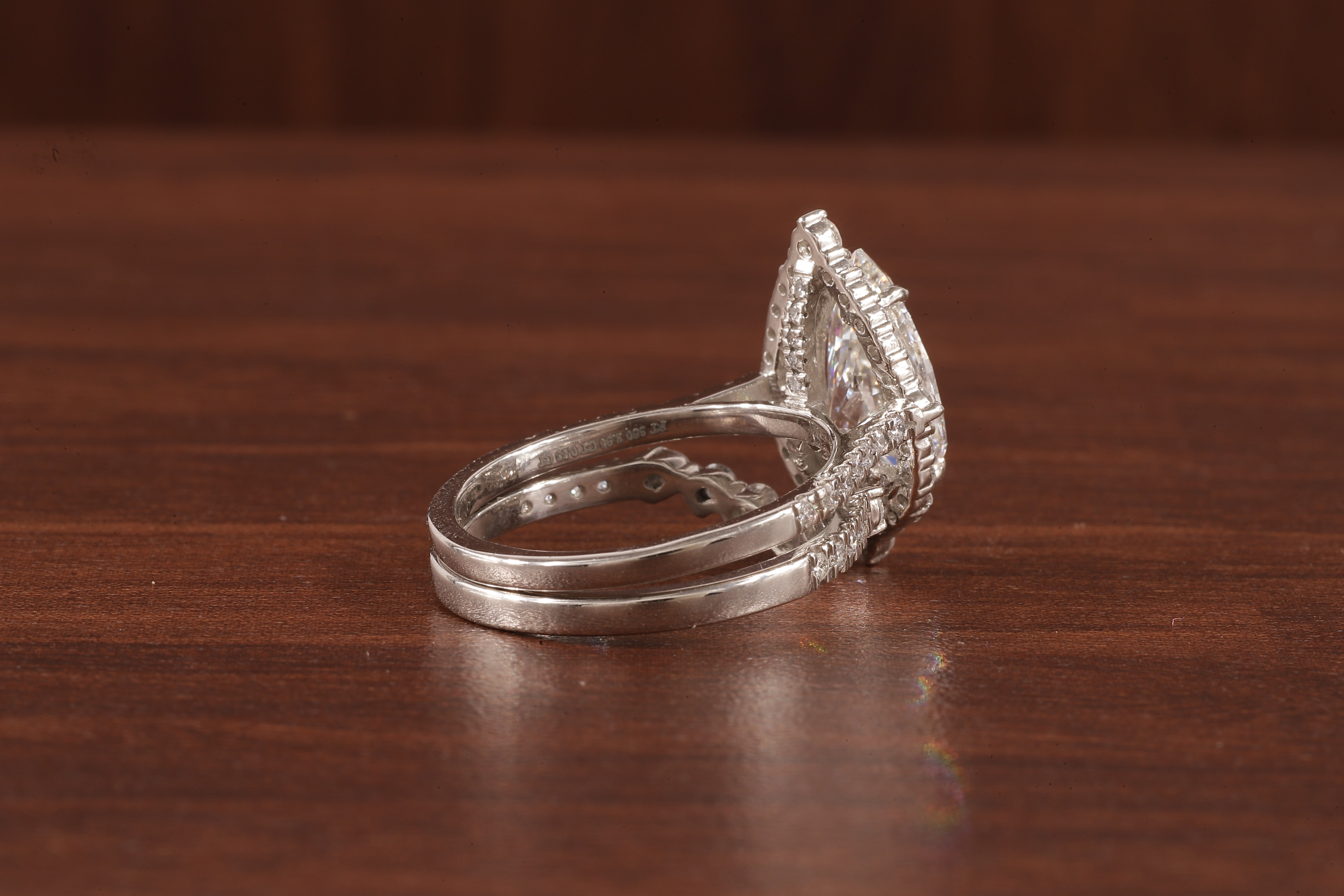 Round Curve Stacking Band With 2.5 CT Pear Lab Grown Diamond , Pear Halo Ring