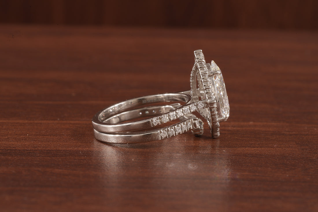 Round Curve Stacking Band With 2.5 CT Pear Lab Grown Diamond , Pear Halo Ring