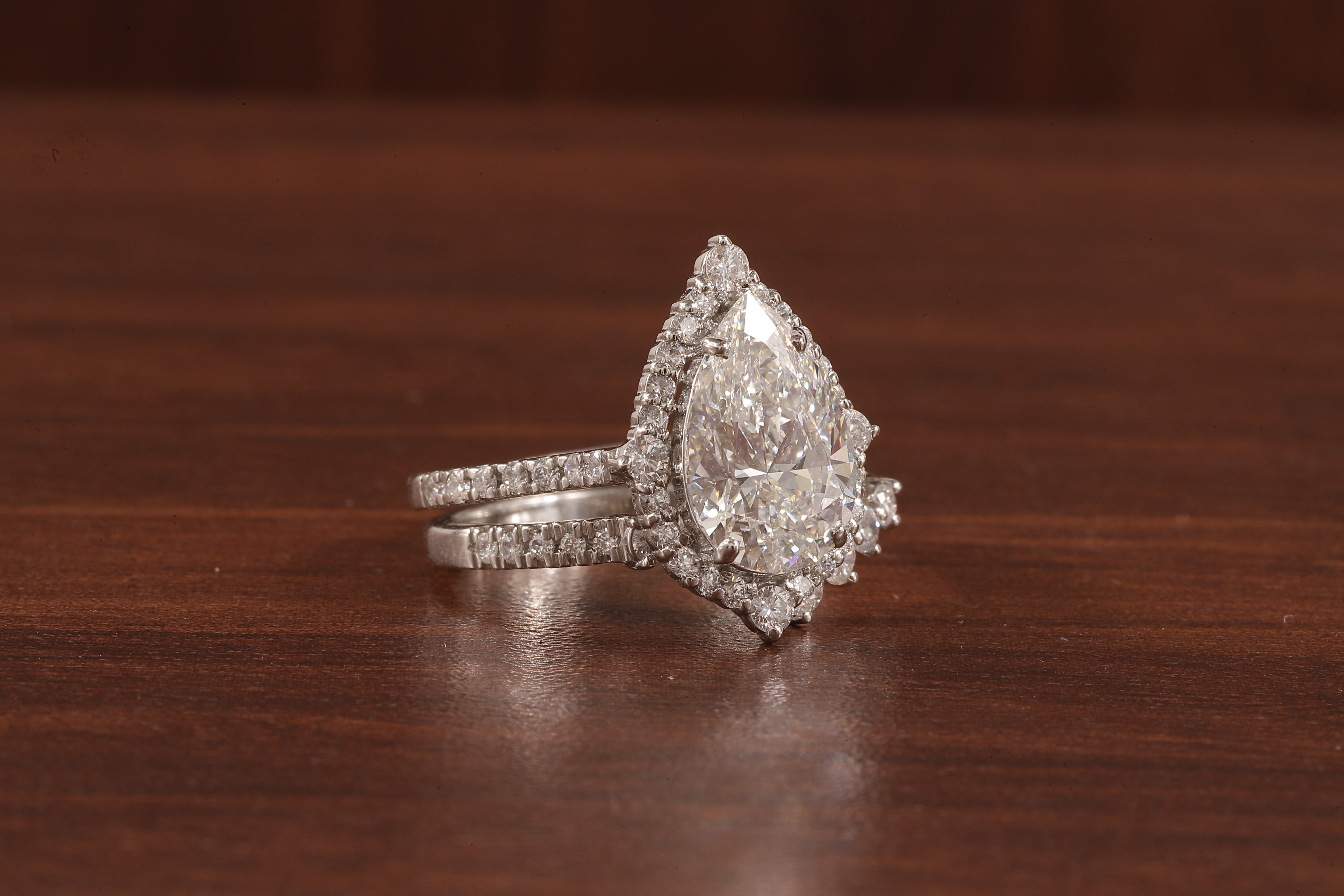 Round Curve Stacking Band With 2.5 CT Pear Lab Grown Diamond , Pear Halo Ring