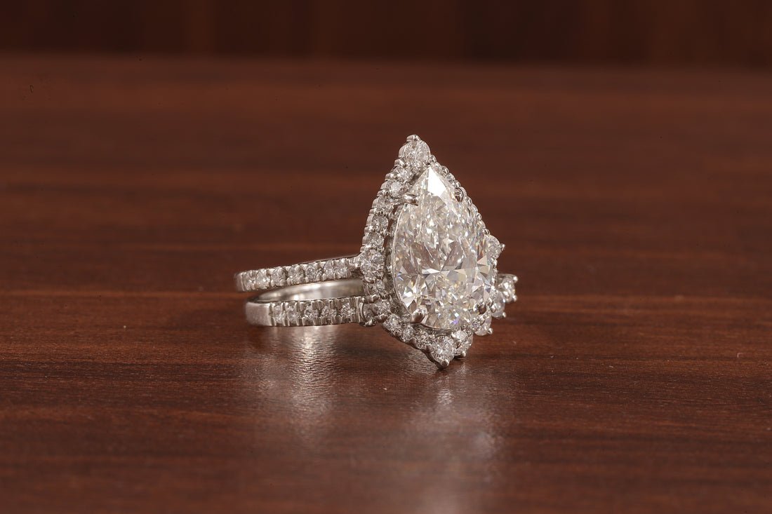 Round Curve Stacking Band With 2.5 CT Pear Lab Grown Diamond , Pear Halo Ring